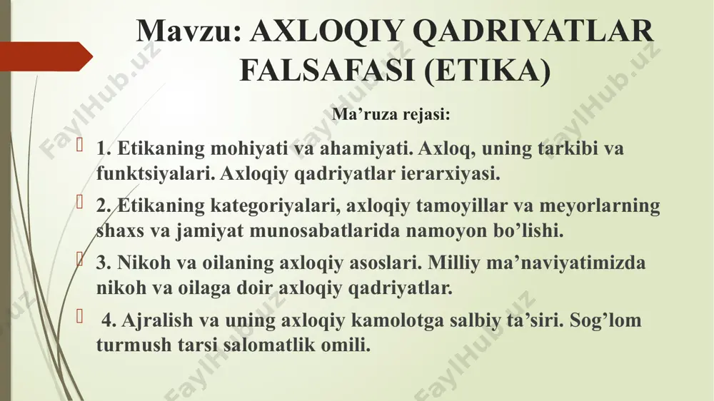 ik yaxshilik va yomonlik adolat, shafqat burch ideal vijdon hayotning ma`nosi nomus baxt o`lim va o`lmaslik qadr-qimmat axloqiy tamoyillar insonparvarlik millatparvarlik mehnatsevarlik mehmondo`stlik erkparvarlik o`zbekchilik fidoyilik tinchlikparvarlik jo`mardlik vatanparvarlik ziyolilik axloqiy me`yorlar halollik rostgo`ylik hayolilik insoflilik shuhratparastlik xushfe`llik shirinsuxanlik xudbinlik kamtarinlik bosiqlik “tarbiya biz uchun yo hayot – yo mamot, yo najot – yo halokat, yo saodat – yo falokat masalasidir” abdulla avloniy "xalqimiz tarixiga nazar tashlaydigan bo‘lsak, eng qimmatli an’analar: halollik, rostgo‘ylik, or - nomus, sharmu - xayo, mehru - oqibat, mehnatsevarlik kabi barcha insoniy fazilatlar eng avvalo oilada shakllangan“ i.a. karimov “har bir insonning hayotidagi eng katta narsa bu — oila. oila men uchun muqaddas. kim bo‘lishingdan qat’i nazar, oiladagi tarbiya, oiladagi muhit, oiladagi halollik, munosabatga alohida e’tibor bermasang, hech qachon natija bo‘lmaydi.” sh.m. mirziyoyev oila va nikoh nima? oila so‘zining lug‘aviy ma’nosi haqida har xil nuqtai nazarlar bor. masalan, rimliklarda "oila" so‘zi (familia) dastlabki mulk egasiga bo‘ysunadigan …