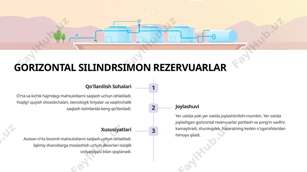 lardan iborat? 4. vertikal, gorizontal va sferik rezervuarlarning foydalanish sharoitlari qanday farqlanadi? 5. neft sanoatida ekologik xavfsizlikni ta’minlash uchun rezervuarlar va ularning yordamchi tizimlari qanday texnologiyalar bilan jihozlanadi? nazorat savollari image1.png image2.png image3.png image4.png image5.png image6.png image7.png image8.png image9.png image10.png image11.png image12.png image13.png image14.png image15.png image16.png image17.png image18.png image19.png image20.png image21.png image22.png image23.png image24.png image25.png image26.png image27.png image28.png image29.png image30.png image31.png image32.png image33.png