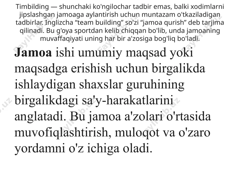 zini qanday tutishi va boshqalar bilan qanday munosabatda bo'lishi bu ko'nikmalarni jamoaning har bir a'zosi egallaydi. shaxslararo ko'nikmalar jamoaga "hissa" bo'lib xizmat qiladi. hatto jamoadoshi uyatchanlikdan yoki ehtiyotkor bo'lib qolsa ham, ular guruhga boshqa yo'llar bilan qo'shilishlari mumkin. ehtimol, bu odam past kalit, lekin buning natijasida lazerga yo'naltirilgan va juda batafsil texnik ishlarni ishlab chiqarishi mumkin. boshqa tomondan, ko'proq ochiq va jozibali odam guruh tadbirlarini o'tkazish yoki rejissyor bo'lish uchun yaxshiroq bo'lishi mumkin. hamma bir -biri bilan qanday muloqot qiladi hamkorlik muhiti muloqotga yondashuv keng ochilganda rivojlanadi, ya'ni har bir xodimga gapirish imkoniyati beriladi. hech kim maslahat so'rashda, yordam so'rashda yoki ma'lumotli fikr almashishda o'zini noqulay yoki noqulay his qilmasligi kerak. qachonki yechim kerak bo'lsa, savollarni jamoaning yoki hamkorlikdagi rahbarning imkoniyati darajasida berish kerak. birgalikda, bir yechimga erishish mumkin. menejerlar bilan hamkorlikning kuchayishi shakllana boshlaydi jamoaviy ishni yaxshilashga intilish o'zlaridan boshlaydilar. ular xavfsiz va xavfsiz "uya" yaratishi mumkin, ular hamma …