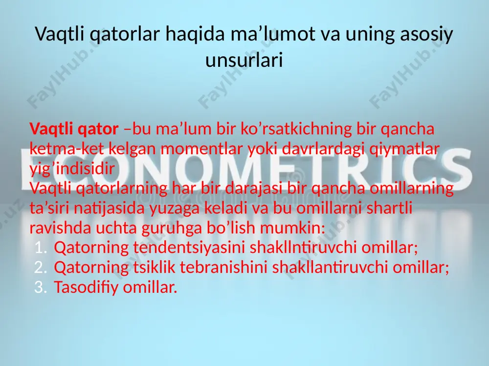 ko’paytmasidan tuzilgan model vaqtli qatorning multiplikativ modeli deyiladi. vaqtli qator tendentsiyasini modellashtirish qatorning har bir darajasi tendentsiya, davriy tebranishlar va tasodifiy komponentalar ta’sirida shakllanadi. ko’p holatlarda vaqtli qatorlarning haqiqiy darajasini trend, tsiklik va tasodifiy komponentalarning yig’indisi yoki ko’paytmasi shaklida tasavvur qilish mumkin. mavsumiy va tsiklik tebranishlarni modellashtirish mavsumiy va tsiklik tebranishlarni modellashtirish vaqtli qatorning additiv va multiplikativ modeli. mavsumiy yoki tsiklik tebranishga ega bo’lgan vaqtli qatorlar strukturasini tahlil qilishga bir qancha yondoshuvlar mavjud. eng sodda yondoshuv – bu mavsumiy komponentalar qiymatini sirg’anchiq o’rtacha usuli bilan hisoblash va vaqtli qatorning additiv yoki multiplikativ modelini tuzishdan iborat. additiv model quyidagi umumiy ko’rinishga ega: y=t+s+e bu modelda davriy qatorning har bir darajasi trend(t), mavsumiy(s) va tasodifiy(e) komponentalar yig’indisidan tashkil topadi deb qaraladi. multiplikativ model quyidagi umumiy ko’rinishga ega: y=t*s*e bu model vaqtli qatorning har bir darajasi trend(t), masumiy(s) va tasodifiy(e) komponentalar ko’paytmasidan iborat deb qaraladi. ikkala modeldan birini tanlash masumiy tebranishning strukturasini tahlil …