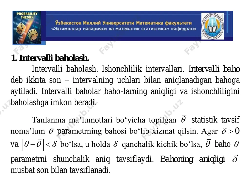      ko‘rinishga ega, bu yerda 1 0 ( ) x tx t e dt      – gamma-funksiya. 1 prasanna sahoo, probability and mathematical statistics, – usa, university of louisville, ky40292, 2013. p. 396 bu yerdan «xi kvadrat» taqsimoti bitta parametr – erkinlik darajalari soni k n bilan aniqlanishi ko‘rinib turadi. so‘ngra, z normal tasodifiy miqdor bo‘lib,   0m z  va   1z  bo‘lsin, v esa z ga bog‘liq bo‘lmagan, erkinlik darajalari k ta bo‘lgan 2 qonuni bo‘yicha taqsimlangan tasodifiy miqdor bo‘lsin. u holda z t v k  tasodifiy miqdor t -taqsimot yoki erkinlik darajalari k bo‘lgan styudent taqsimoti deb ataluvchi taqsimotga ega bo‘ladi. 2-misol. bosh to‘plamning x miqdoriy belgisi normal taqsimlangan. 16n  hajmli tanlanma bo‘yicha 20,2x  o‘rtacha talanma qiymat va 0,8s  «tuzatilgan» o‘rtacha kvadratik chetlanish topilgan. noma’lum a matematik kutilishi 0,95  ishonchlilik bilan …