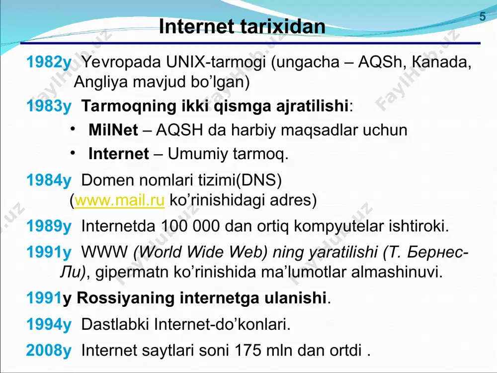 vzusi. topik-strater – boshlovchi tanlagan mavzu. offtopik (off-topic) – mavzudan tashqari fikrlar. * * qidiruv tizimlari indekslar(индексы) – doimiy imternetning ma’lumotlar omborini to’ldirib turuvchi dastur yoki ishchi. (kataloglar)каталоги – insonlar-ekspert(gid)lar tomonidan qo’lda boyitilib boriladigan ma’luimotlar ombori. ko’plab ko’rsatkichlarning mavjudligi ko’rsatkichlarning mavzuga mos kelmasligi va ularni ko’rsatishning murakkabligi ko’rsatkichlar katalog mundarijasiga mos ko’rsatkichlar soni kam www.google.com, www.yandex.ru, www.rambler.ru www.yahoo.com, www.google.com, list.mail.ru, www.yandex.ru gibridli tizimlar(гибридные системы)– indeks + катаlоg. * * real vaqtdagi muloqot (online) chatlar (англ. chat – болтовня) real vaqtdagi matnli ma’lumotlar almashinuvi web-chatlar ( web-sahifalarda): barcha teng huquqli irc-chatlar (internet relay chat, 1988) «so’zlashuv» kanal o’z boshqaruvchilariga ega bo’ladi * * real vaqtdagi muloqot (online) isq (англ. i seek you), «аська», интернет-пейджер. регистрация: www.mirabilis.com, imkoniyatlari: dialog guruhdagi muhokama fayllar almashinuvi ruscha varianti: icq.rambler.ru * * internet-telefon skype (www.skype.com, www.skype.ru) real vaqtdagi so’zlashuv bepul skype – skype qo’ng’iroqlar fayllarni ko’rsatish yakka va guruh da muloqot telekonferensiya (9 kishigacha) pullik stansionar …