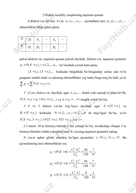 g‘indisiga teng, m(x+y)=mx+my. 4. agar x(y bo‘lsa, m(x(y)=mx(my. isbotlar: 1. o‘zgarmas c sonni faqat 1 ta qiymatni bir ehtimollik bilan qabul qiluvchi t.m. sifatida qarash mumkin. shuning uchun mc=c(p{x=c}=c(1=c. 2. c(x diskret t.m. qiymatlarni ehtimolliklar bilan qabul qilsin, u holda . 3. x+y diskret t.m. qiymatlarni ehtimolliklar bilan qabul qiladi, u holda ixtiyoriy n va m lar uchun bu yerda va bo‘ladi. chunki, , . 4. agar x(y bo‘lsa, u holda va ■ matematik kutilmaning xossalari t.m. uzluksiz bo‘lganda ham hiddi shunga o‘xshash isbotlanadi. masalan, . 2.4.-misol. x diskret t.m. taqsimot qonuni berilgan bo‘lsa, x t.m.ning matematik kutilmasini toping. x 500 50 10 1 0 p 0.01 0.05 0.1 0.15 0.69 mx=500(0.01+50(0.05+10(0.1+1(0.15+0(0.69=8.65. 2.5.-misol. x uzluksiz t.m. zichlik funksiyasi berilgan . c va mx ni toping. zichlik funksiyaning 4-xossasiga ko‘ra . demak, va . endi matematik kutilmani hisoblaymiz: . dispersiya · x t.m. dispersiyasi deb, ifodaga aytiladi. dispersiya dx orqali belgilanadi. …