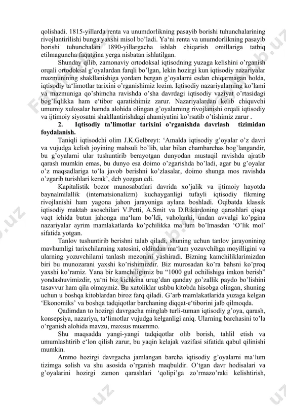 aymog’ini olish oson bo’lganidek, bu qo’lyozmalardagi ensiklopedik g’oyalardan muhimlarigina o’rganilgan, iqtisodiyot tafakkuri bilan bog’liq bo’lgan materiallar hali o’z tadqiqotchilarini kutib yotibdi. bu fanning maqsadi avvalgi ortodoksal g’oyalar zamonaviy iqtisodiy nazariyaning mazmuni va predmetiga qo’shgan hissalarini va shu bilan birga ortodoksal bo’lmagan boshqa g’oyalarning zamonaviy iqtisodiy ta‘limotlarning shakllanishidagi ahamiyatini ko’rsatgan holda iqtisodiy nazariyaning asrlar davomida shakllanishini tasvirlab berishdir. kitobda iqtisodiy nazariyadagi asosiy uslubiy masalalar, iqtisodiy nazariyaning fan sifatida rivojlanishi va o’sha davrning iqtisodiy holati o’rtasidagi bog’liqlik hamda yaratilgan nazariyaning mazmunini to’laroq tushuntirib beruvchi uning ichki bog’liqliklari va ishlash mexanizmlari ko’rib chiqilgan va tahlil qilingan. bundan tashqari kitobda alohida olingan g’oya va fikrlarning iqtisodiy nazariyaning rivojlanishidagi ahamiyati va o’z o’rnida nazariyaning ijtimoiy-iqtisodiy siyosat shakllanishidagi ahamiyati to’g’risida batafsil ma‘lumotlar berilgan. tabiyiki, bu iqtisodiy ta‘limotlar kishilarning dunyoqarashi va rasmiy nazariyalaridan tashkil topgan. iqtisodiy dunyoqarash shaxsning dunyodagi voqeliklarni o’z ongida aks ettirishidir. iqtisodiy nazariya esa ana shu dunyoqarashning soddalashtirilgan shakli modellaridan tashkil topadi. alohida olingan …