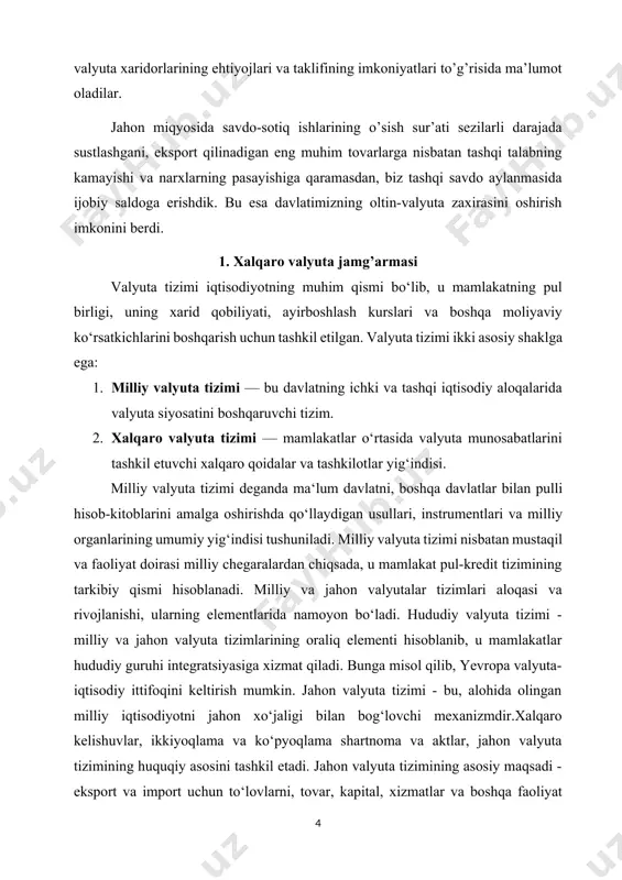 ma to‘lovlari tizimini va tashqi qarzlarini nazorat qiladi. qat’iy valyuta kurslari amal qilgan davrda xvfning asosiy faoliyati valyuta nisbatlarini ushlab turish, valyuta kurslariga asossiz ravishda ta’sir ko‘rsatishning oldini olishga qaratilgan edi. suzib yuruvchi, erkin valyuta kurslariga o‘tilishi bilan bu faoliyat yo‘nalishi o‘zgarib, 1978 yili xvfning nizomi qayta ko‘rib chiqildi. unga ko‘ra, valyutani davlatlararo tartiblashning asosi sifatida xvf nazorat funksiyalarini kuchaytirish, balanslashtirilmagan xalqaro hisoblashuvlar hamda asossiz kurs nisbatlariga ta’sir o‘tkazish dastaklarini kengaytirish ko‘zda tutildi. xvf mamlakatlarning to‘lov balanslarini va tashqi qarzlarini tartibga solish maqsadida kreditlar ajratadi. bunda qarz oluvchi mamlakat o‘zining iqtisodiy siyosatida xvfning tavsiyasiga binoan o‘zgartirishlar kiritishi talab etiladi. 1 yildan 3 yilgacha bo‘lgan muddatdagi moliyaviy-iqtisodiy barqarorlashtirish dasturi ko‘rinishidagi bunday o‘zgarishlar fond bilan kelishilgan holda amalga oshiriladi va bunga mamlakatning to‘lovga layoqatligi to‘g‘risidagi o‘ziga xos xalqaro guvohnoma sifatida qaraladi. 1970 yildan boshlab xvf xalqaro to‘lov va zaxira vositalari – qarz olishning maxsus huquqlari (sdr)ni chiqara boshladi. sdr naqd pul ko‘rinishida …