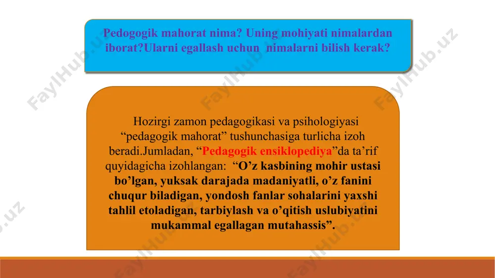 i, ustuvorligini ta’minlash uchun normativ hujjatlar, o’quv-uslubiy adabiyotlar, moddiy-tehnika va axborot bazasi bilan boyitib borish bo’lajak o’qituvchilarning yuksak kasbiy tayyorgarlik darajasi, malakasi, bilimi, madaniy va ma’naviy axloqiy saviyasining sifatini zamon talablariga javob beradigan darajada oshirib borish bo’lajak o’qituvchilarni yuqori malakali kadrlar tayyorlash bilan pedagogik faoliyatning nufuzi va ijtimoiy maqomini ko’tarishga o’rgatish pedagogik mahorat fanining asosiy tarkibiy qismlari nutq malakasi va tehnikasini mukammal o’zlashtirish tushunarli,ta’sirchan fikr va his-tuyg’ularni so’zda aniq ifodalash mimik va pantomimic harakatlardan o’z o’rnida foydalanish ma’noli va ochiq chehrali nigoh bilan qarash hissiy psihik va tasodifiy holatlarda o’z his-tuyg’ularini jilovlay olish turli vaziyatlarda tarbiyachiga hos bo’lgan ijodiy kayfiyatni boshqarish kulgu va tabassumda samimiylikni e’tirof etish o’quvchilar bilan doimo yaxshi kayfiyat va rag’batlantiruvchi munosabat bo’lish savodli va sof adabiy tilde so’zlash aniq imo-ishoralarni o’z o’rnida ishlata olish ijodiy pedagogic qobilyatni qo’llay bilish yuksak zamonaviy axborot tehnalogiyalari va portal tizimidan erkin foydalana olish muosharat odobiga rioya qilish 3. pedagogik mahoratni …