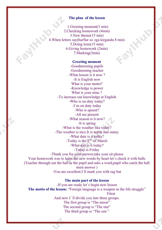 c s (before e,i,y) face cell bicycle k (in other cases) come cut club repeat and remember make up sentences with this words phonetic exercise a cabbage cake a cooked cabbage cake kate`s cooked cabbage cake kate cuts cooked cabbage cake come in! task ii grammar we hope to ”iborasi o`zbek tiliga “biz umid qilamiz ”deb tarjima qilinadi rus tilida “mы надеемься”deb tarjima qilinadi e.g biz bu musobaqada yutamiz deb umid qilamiz. we hope to win in this compitation translate sentences into english 1.biz maktabni yaxshi baholarga tugatamiz deb umid qilamiz. 2.u kollejni tugatganidab so`ng universitetga kirishga umid qiladi 3.siyosiy partiyalar ish faoliyati yaxshi bo`ladi deb umid qilaman 1.we hope to finish school with good marks 2.he hopes to enter to university after finishing college 3.we hope to be good work of political parties task iii when letters say(harflar so`zga kirganda )sharti ushbu shartda 3 guruhdan 1 tadan o`quvchi doskaga …