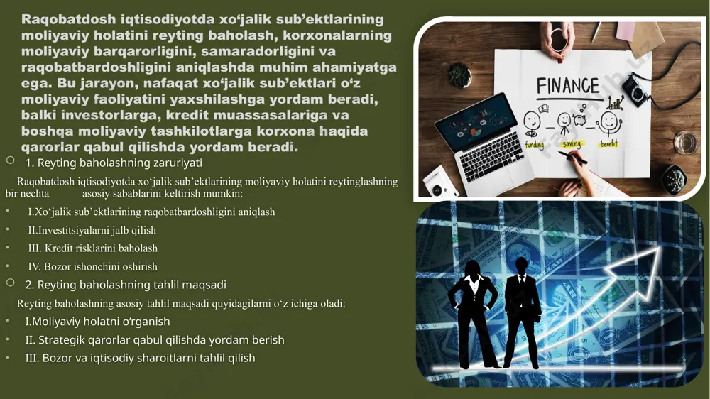 — bu uning faoliyatini baholash va taqqoslash orqali uning muvaffaqiyatini va kuchli tomonlarini aniqlashga qaratilgan vosita. reyting tashkilotga o‘z ishlarini yaxshilash, raqobatni oshirish va boshqaruvni samarali yo‘naltirish imkoniyatini beradi. shuningdek, reyting korxonalar uchun quyidagi foydalarni taqdim etadi: bozorda korxonaning obro‘sini oshirish. mijozlar va investorlar uchun ishonch yaratish. korxonaning kuchli va zaif tomonlarini aniqlash. raqobatchilardan ajralib turish. 3. baholash usullari korxona faoliyatini baholashda bir qancha metodologiyalar va usullar mavjud. ular orasida: a) kredit reytingi usuli kredit reytingi korxonaning moliyaviy barqarorligini va qarz olish imkoniyatlarini baholash uchun ishlatiladi. u ko‘pincha maxsus agentliklar tomonidan amalga oshiriladi (masalan, s&p, moody’s, fitch). baholashda qarzlarni o‘rganish, likvidlik va o‘z mablag‘larini boshqarish qobiliyatiga asoslanadi. b) balans usuli bu usulda korxonaning moliyaviy holati balansi orqali baholanadi. korxonaning aktivlari va passivlari o‘rganilib, ularning o‘zaro taqqoslanadi. bu usulda tahlil qilish uchun likvidlik, rentabellik va o‘zgartirish imkoniyatlari kabi ko‘rsatkichlar ishlatiladi. c) ko‘rsatkichlar tahlili usuli bu usulda korxonaning moliyaviy faoliyati va ishlab …