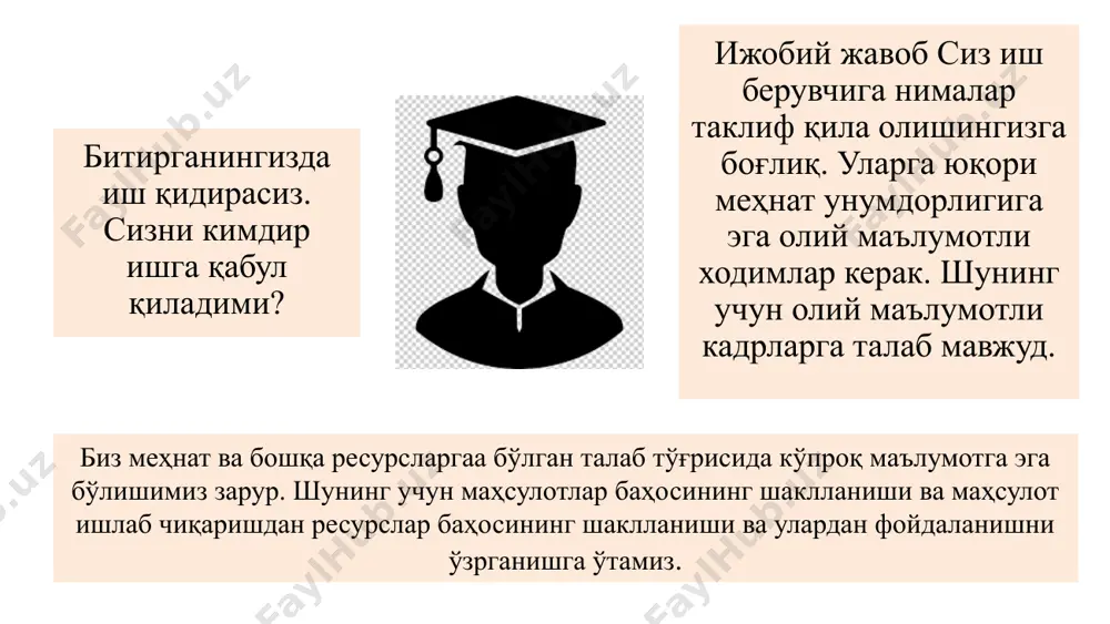 ражатлар уй хўжаликлари учун даромад (меҳнат ҳақи, рента, фоиз, фойда) ҳисобланади; б) харажатларни минималлаштириш – фирма харажатларининг таркибига ресурслардан фойдаланганлик учун тўловлар ҳам киради. фойдани максималлаштириш учун фирмалар харажатларни минималлаштириш имконини берувчи ресурслар комбинациясидан фойдаланишга ҳаракат қилишади; в) ресурсларни тақсимлаш – нарх маҳсулотлар бозоридаги каби товарларни истеъмолчилар ўртасида тақсимлашга хизмат қилганидек ресурсларнинг ҳам фирмалар ўртасида тақсимланишига хизмат қилади; г) иқтисодий сиёсат чора-тадбирлари – ресурслар бозорида амалдаги иқтисодий сиёсат билан боғлиқ чора-тадбирлар таъсирини эътиборга олиш зарур. ресурсларга талабнинг ўзгариш кўрсаткичлари маҳсулотларга талабнинг ўзгариши; унумдорликнинг ўзгариши; бошқа (ўринбосар ва тўлдирувчи) ресурслар нархининг ўзгариши; ресурс миқдори, дона (1) жами маҳсулот, долл. (2) қўшимча (маржинал) маҳсулот, 1х2, долл. маҳсулот нархи, долл. (4) жами даромад, долл. (5) 2х4 маржинал даромад, долл. (6) 0 0 2 0 1 7 2 14 2 13 2 26 3 18 2 36 4 22 2 44 5 25 2 50 6 27 2 54 7 28 2 56 7 …
