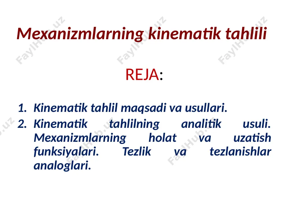 chun mexanizm bo’g’inlarining haqiqiy o’lchamlari va yetaklovchi bo’g’inlarning harakat qonunlari oldindan aniqlangan bo’lishi kerak. mexanizmni kinematik tekshirish, o’z navbatida, loyihalash masalasi qanchalik to’g’ri hal qilinganligini ham ko’rsatadi. masalan, mexanizmning turli holatini qo’rish, xarakterli nuqtalar trayektoriyasini aniqlash shu mexanizm ishlash sharoitiga qanday ko’lamni egallashini, boshqa mexanizmlar bilan bog’lanishi qay tarzda bo’lishi kerakligi to’g’risida fikr yuritishga imkon beradi. xarakterli nuqtalarning tezliklarini aniqlash mexanizmning turli holatlari uchun keltirilgan inersiya momentlarini yoki keltirilgan massalarni aniqlashga yordam beradi, o’z navbatida bu kattaliklarni aniqlamasdan mexanizmga ta’sir etuvchi kuchlarning davriy o’zgarib turishidan kelib chiqadigan va bosh bo’g’in valining burchak tezlik harakatidagi o’zgarishlarni ma’lum darajada tekislash uchun xizmat qiladigan maxovikni hisoblab bo’lmaydi. tezlanishlar rejasidan foydalanib bo’g’inlarga ta’sir etuvchi inersiya kuchlari va ularning momentlari aniqlanadi, bularni hisobga olmay turib mexanizmning kinematik juftlaridagi reaksiya kuchlarini aniq hisoblash mumkin emas. mexanizmni kinematik tekshirishda analitik, grafik va grafoanalitik usullar qo’llaniladi kinematik tahlilning analitik usulini to’rt bo’g’inli tekis richagli mexanizm misolida ko’rib chiqamiz. …