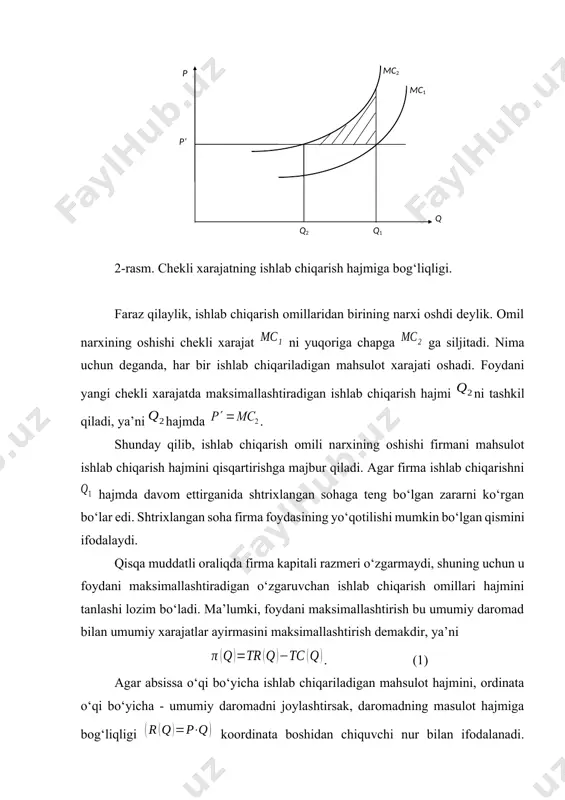 fit will increase lultil it reaches a maximum and then begin to decrease. thus the profit-maximizing q is such that the incremental profit resulting from a small increase in q is just zero.”[footnoteref:1]. [1: pindyck, robert s.microeconomics. – copyright 2013, macmillan publishing company, a division of macmillan, inc. 331 p.] maksimallik shartini matematik tomondan keltirib chiqarish mumkin: . (2) (2)-funksiya maksimal qiymatga erishadi, qachonki ishlab chiqarish hajmini kichik miqdorga oshirganimizda foyda o‘zgarmasa, ya’ni , bundan . (3) (3)- munosabatda va , bo‘lgani uchun foydani maksimallashtirish shartini quyidagicha yozamiz: . (4) raqobatlashuvchi firmaning muvozanat holati. biz ko‘rgan edikki, raqobatlashgan bozorda narx bozor tomonidan belgilanadi va unga firma ta’sir qila olmaydi. bunday bozorda harakat qilayotgan firmaning talab chizig‘i gorizontal chiziqdan iborat bo‘lib, uning chekli daromadi narxga teng, ya’ni . demak, raqobatlashuvchi firma foydasini maksimallashtirish sharti (qoidasi) shundan iboratki, firma ishlab chiqarish hajmini shunday tanlashi kerakki, bu hajmda narx chekli xarajatga teng bo‘lsin: …