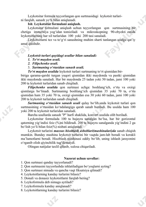 i. shuning uchun leykotsitar formulani aniqlash veterinariya amaliyotida katta ahamiyatga ega. leykotsitar formulani aniqlashda quyidagi jadvalda berilgan donali va donasiz leykotsit turlarining me’yoriy ko‘rsatkichlarini bilish va ularni aniqlangan leykotsit turlari bilan taqqoslab, tahlil qilib, xulosa chiqarish maqsadga muvofiqdir. leykotsitar formula. hayvon turi bazo-fil eozinofil yosh tayok-cha seg-ment limfo-sit mono-sit ot 0,1-1,2 2,6-6,5 0,9-1,5 4,0-55 30-51 0,1-4 qoramol 0-1,5 3-10 3-10 10-30 40-77 4-10 quy 0-0,8 2-8 0,4-2 27-41 27-41 1,6-6 echki 0-2 2-7 0,5-4 21-57 32-68 2,5-6 tuya 0-1,2 1,5-10,5 8-17 29-47 31-49 1,5-4,5 cho‘chqa 0,2-2,4 0-6,0 0,4-2 1-7 18-60 28-65 0-4,5 it 0,4-1,6 0-9 45-75 10-40 4-10 quyon 1-8 0,5-1,2 0,5 0,5-4,2 14-47 39-83 1-5 tovuq 1,5-5 0-25,5 1,0 14-33 34-82 3-9,5 leykotsitar formula tayyorlangan qon surtmasidagi leykotsit turlari- ni farqlab, sanash yo‘li bilan aniqlanadi. ish: leykotsitar formulani aniqlash. leykotsitar formulani aniqlash uchun tayyorlangan qon surtmasining bir chetiga immersiya yog‘idan tomiziladi va mikroskopning 90-obyekti ostida leykotsitlarning har xil turlaridan …