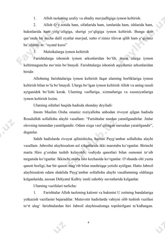 olib tushish vazifasi to‘rt ulug‘ farishtalardan biri jabroil alayhissalomga topshirilgani ta’kidlangan. mukarram farishtalardan biri miykoil alayhissalom farishtasi. yana biri azroil alayhissalom farishtasi. yana biri qiyomat kuni bo‘lganida bir sur chalganlarida barcha jonzotlar halok bo‘lik, ikkinchi sur chalganlarida butun maxluqotu mavjudotlar qayta tirilishi uchun sur chaluvchi isrofil alayhissalom farishtasidir. 2. farishtalar arshni ko‘tarib turish vazifasini ado etadilar. alloh taolo “al-haqqo” surasida “va farishtalar uning atrofida va o‘sha kunda robbingning arshini sakkiztasi ko‘tarib turadir”, degan. 3. farishtalar jannat va uning ahlining xizmatini qilib turadilar. 4. farishtalar do‘zax ishlarini va uning ahlini jazolash vazifasini ham bajaradi. 5. odamlarning ishlarini kuzatib, amallarini yozib borish vazifasi. imom ahmad ibn hanbal o‘lim to‘shagida ingrab yotganlarida, tovus roziyallohu anhudan: “farishtalar har bir narsani, hatto ingrashni ham yozadi”, degan rivoyatni eshitibdilaru darhol ingrashni tark etib, shu bilan to jon taslim qilgunlaricha ingramagan ekanlar. 6. tog‘larga biriktirilgan, yomg‘ir qorlarni yog‘dirib olib tushuvchilik xizmatidagi farishtalar. 7. insonni doimo muhafaza qilib …