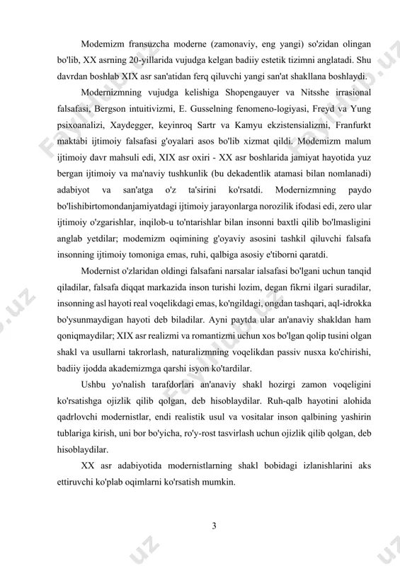 deb hisoblaydilar. ruh-qalb hayotini alohida qadrlovchi modernistlar, endi realistik usul va vositalar inson qalbining yashirin tublariga kirish, uni bor bo'yicha, ro'y-rost tasvirlash uchun ojizlik qilib qolgan, deb hisoblaydilar. xx asr adabiyotida modernistlarning shakl bobidagi izlanishlarini aks ettiruvchi ko'plab oqimlarni ko'rsatish mumkin. futurizm - lotincha (futurum) so'z bo'lib, «kelajak» ma'nosini anglatadi. bu oqimning maqsadi kelajak san'atini yaratishdan iborat edi futuristlar san'at tamomila erkin bo'lishi kerak, deb hisoblardilar, o'tmish san'atini inkor qilardilar. futuristlar yozish texnikasiga alohida e'tibor beradilar, poetik qonuniyatlarni buzadilar. o'zining bir qancha ziddiyatli jihatlariga qaramasdan futurizm v.xlebnikov, pasternak kabi shoirlar ijodiy yo'nalishlarining shakllanishida katta rol o'ynadi, shakl bobidagi dadil tajribalariga asos bo'ldi. ekzistensializm (existence - mayjudlik) - xx asrdagi ana shu nomdagi falsafa asosida vujudga kelgan modernistik oqim. ushbu falsafa markazida inson hayotining ma'nosi, shaxs erki va mas'uliyati muammolari turadi. adabiy oqim sifatida ekzistensializm borliq va insonning g'aroyib sirli-sehrlijihatlarixususida bahs yuritadi. ushbu adabiyot namunalarida insonning jamiyatga begonaligi, yolg'izligi, mahkumligi muammosi …