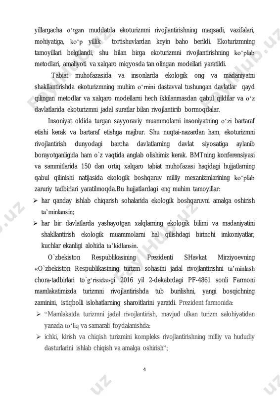 , mavjud ulkan turizm salohiyatidan yanada to‘liq va samarali foydalanishda:  ichki, kirish va chiqish turizmini kompleks rivojlantirishning milliy va hududiy dasturlarini ishlab chiqish va amalga oshirish”; 5  respublikaning barcha mintaqalarida zamonaviy jahon standartlariga, turistlarning talablari va ehtiyojlariga javob beradigan turizm industriyasi ob’ektlarini rivojlantirish; belgilangan. farmon turizm tarmog‘ini jadal rivojlantirishni ta’minlash, turizmga iqtisodiyotning strategik sektori maqomini berish, uni mamlakat iqtisodiyotini barqaror o`stirishning, mintaqalarda turizm salohiyatidan samarali foydalanishning, aholi turmush darajasi va sifatini oshirishda turizm rolini kuchaytirishning qudratli vositasiga aylantirishga qaratilgandir. bu farmon mamlakatimizda turizmning barcha turlarini bir tekis rivojlantirish masalalarini tadbiq qilishga, turizmni hududiy va mintaqaviy rivojlantirish uchun asosiy dastur bo`lib xizmat qiladi. shu nuqtai-nazardan va “farmon”da ekoturizmni rivojlantirish alohida ta’kidlanganligi ham, ekoturizmni jadal rivojlantirishning jiddiy muammolarini aniqlashimiz va bu muammolarning echimlarini ishlab chiqishning ilmiy-amaliy tadqiqotlarni boshlashimizning vaqti keldi. ekoturizmni rivojlantirishdagi ko`plab muammolar ham mamlakatimizda ekoturizmni rivojlantirishga kirishganimizdan keyingina aniqlanmoqda. hozirga kelib respublikamizda ekoturizmni rivojlantirishda echimlari jiddiy bo‘lgan muammolari …
