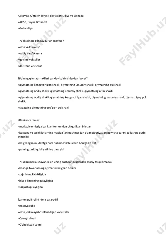 opa va turkiyada ?evropada dastlabki qog’oz pullar qaerda va qachon emissiya qilingan? =angliya banki tomonidan 1550 yilda =germaniya banki tomonidan 1810 yilda =stokgolm banki tomonidan 1661 yilda =frantsiya banki tomonidan 1680 yilda ?o’zbekistonda qog’oz pullar dastlab qaerda va qachon muomalaga chiqarilgan? =samarqandda 1925 yilda =xivada 1936 yilda =qo’qondda 1931 yilda =buxoro amirligida 1918 yilda ?oltin qachondan jahon puli funktsiyasini to’xtatdi? =1982 yildan so’ng =1950 yildan boshlab =2002 yildan boshlab =1975 yildan so’ng ?pul nazariyalarini qanday kontseptsiyalari mavjud? =“tovarli” va “ayirboshlash” kontseptsiyasi =”tovarli” va “xizmatli” kontseptsiyasi =“tovarli” va “tovarsiz” kontseptsiyalari =qiymat kontseptsiyasi ?qaysi pul nazariyasi merkantalizm qoidasiga asoslanadi? =pulning miqdoriy nazariyasi =pulning nominallik nazariyasi =metall pullar nazariyasi =pulning davlatchilik nazariyasi ?metall pul nazariyasi tarafdorlarini sifatida kimlarni ta’kidlash mumkin? =d.rikardo, j.keyns =u.stafford, t.men, d.nors =k. marks, a. smit =u.petti, k.marks ?dastlab pulning metallik nazariyasi kimlarning ta’limotlarida paydo bo’lgan? =aqsh iqtisodiy nazariyachilari =frantsuz iqtisodiy nazariyachilari =nemis iqtisodiy nazariyachilari =angliya iqtisodiy nazariyachilari ?metall pul …