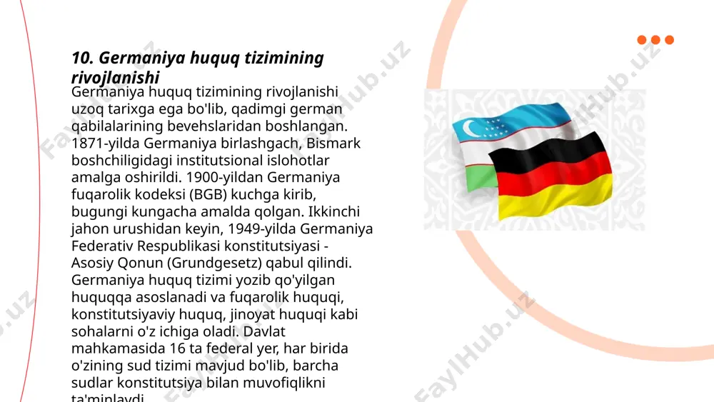 aridan biri hisoblanadi. ... t.me/slaydai_bot yangi davrda germaniyada siyosiy islohotlar jarayonida muhim o‘zgarishlar ro‘y berdi. 2005-yilda angela merkel kanslerlikka saylanganidan so‘ng, islohotlar tezlashtirildi. 2010-yilda soliq tizimini soddalashtirish maqsadida qator qonunlar qabul qilindi. 2015-yilda qochqinlar siyosatini qayta ko‘rib chiqish natijasida germaniya 1 milliondan ortiq qochqinni qabul qildi. 2017-yilda energiya o‘zgarishi dasturi, ya’ni energiewende doirasida atom elektr stansiyalarini yopish va qayta tiklanadigan energiyani rivojlantirish masalalari yo‘lga qo‘yildi. 2021-yilda olaf scholz kansler lavozimiga kirishdi va yangi iqtisodiy va ijtimoiy islohotlar dasturini e’lon qildi, unda yashil iqtisodiyot va raqamli transformatsiya ustuvor yo‘nalishlar sifatida belgilandi. ... t.me/slaydai_bot 3. germaniya iqtisodiy rivojlanishi germaniya iqtisodiy rivojlanishi dunyodagi eng kuchli iqtisodiyotlardan biri sifatida tanilgan. 2022-yilda germaniyaning yalpi ichki mahsuloti (yim) taxminan 4 trillion aqsh dollarini tashkil etdi, bu uni dunyodagi to‘rtinchi yirik iqtisodiyotga aylantiradi. ishsizlik darajasi 2021-yilda 5,3% atrofida bo‘lgan, bu esa juda past hisoblanadi. eksport hajmi yillik 1,5 trillion yevroni tashkil etib, mamlakat iqtisodiyotining asosiy ustunlaridan biri …