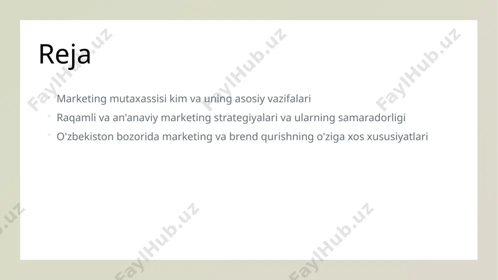 ting mutaxassisi qanday vazifalarni bajaradi va muvaffaqiyat kalitlari bozorni tahlil qilish o'zbekiston bozorida marketing mutaxassisi raqobatbardosh strategiyalar uchun bozorni chuqur o'rganadi, iste'molchilar ehtiyojlari va tendensiyalarni aniqlaydi. mijozlar bilan aloqalar ular mijozlar bilan samarali muloqot o'rnatib, ularning ehtiyoj va istaklarini tushunadi, brendga sodiqlik va ishonchni mustahkamlaydi. yangi imkoniyatlar yaratish mutaxassislar yangi mahsulotlar va xizmatlarni rivojlantiradi, raqamli texnologiyalarni joriy etib, o'zbekiston bozorida innovatsion yondashuvlarni qo'llaydi. raqamli marketing strategiyalarining innovatsion yondashuvlari va samaradorligi sun'iy intellekt va ma'lumotlar tahlili interaktiv va shaxsiylashtirilgan kontent raqamli platformalarda innovatsion usullar raqamli marketingda sun'iy intellekt va katta ma'lumotlar tahlili yordamida mijozlar ehtiyojlarini aniqlash va shaxsiylashtirilgan kampaniyalar yaratish imkoniyati kengaydi. interaktiv reklama va shaxsiylashtirilgan email, push-xabarnoma va chat-botlar orqali mijozlar bilan bog'lanishni kuchaytiradi va ularning ishonchini oshiradi. vr, ar va influencer marketing kabi innovatsion texnologiyalar yordamida brendlar raqamli maydonda ko‘proq e'tibor qozonib, samaradorlikni oshirmoqda. an'anaviy marketing usullari va ularning o'ziga xos afzalliklari 1 an'anaviy marketing usullari an'anaviy marketing usullari …