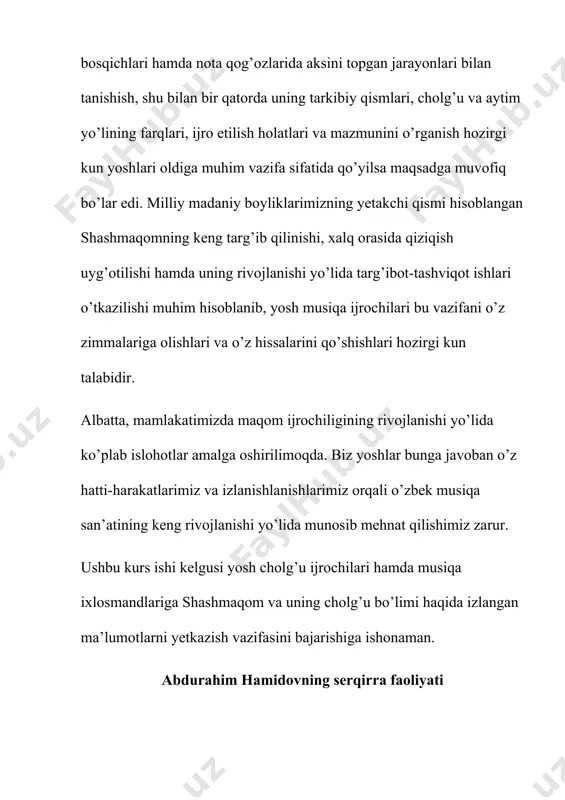 o‘zbek maqomlari va bastakorlik ijodiyotining bilimdoni sifatida abdurahim hamidov o‘zining butun ijodiy faoliyati davomida ustozining ijro uslubini yanada boyitib, sayqallatib, ijroni yanada mukammallashishiga erishadi. abdurahim hamidovning buyuk ishlaridan yana biri – “shashmaqom” mushkilot qismini magnit tasmalariga muhirlaganligidir. ayni paytda ushbu musiqiy yozuvlardan keng foydalanib kelinmoqda. konservatoriyada faoliyat ko‘rsatib kelgan yillari bir qancha shogirdlarni yetishtirib chiqardi. bular - iqbol toshpo‘latova, shuhrat razzoqov, matluba kalonova, feruza sapayeva, xurshida qahhorova va go‘zal mo‘minovalar. hozirgi kunda ustozning shogirdlari turli musiqa maskanlarida faoliyat ko‘rsatib kelmoqdalar va dutor ijrochiligi sirlarini yoshlarga targ‘ib qilib qilishmoqda. shashmaqom cholg’u yo’llarining tavsifi va ansambl bilan ijrosi olti maqom tizimidagi har bir maqom ikki yirik bo‘lim – cholg‘u va aytim (ashula) yo‘llaridan tarkib topishi aytilgan edi. maqomlarning cholg‘u kuylar bo‘limi buxoro an’anasiga ko‘ra «mushkilot» deb yuritiladi. mazkur atama «qiyinchiliklar» ma’nosida kelib, jumladan, maqomlarda gi bosh kuy-mavzuyini murakkabligi turlicha bo‘lgan doira usullari sinovidan o‘tishini va shu asnoda alohida qism va turkum miqyosida …