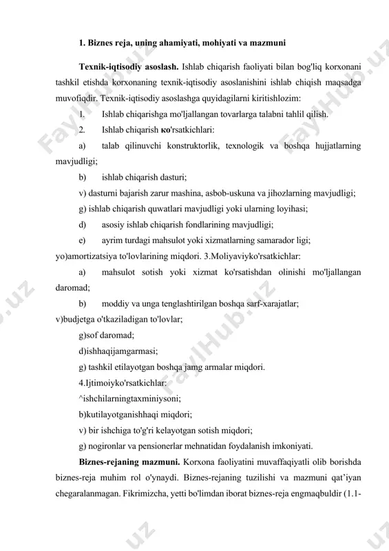 an bitimni amalga oshirish oldidan katta mablag' sarflash va shu mablag' qancha foyda keltirishini hisoblab chiqish lozim. bunda va umuman, biznes-reja tuzishda vaqt omilini doimo hisobga olish kerak. boshqacha qilib aytganda, keladigan foyda vaqtga qarab qanday taqsimlanadi va inflyatsiyaga nisbatan uning samaradorligi qanday bomishligini hisoblab chiqish lozim. biznes-loyi hani amalga oshirishdan avval shuni e’tiborga olish kerakki, olinadigan foyda omonat bankka qo'yilgan shu miqdordagi mablag keltiradigan foizdan ko'p bo'lishini ta’minlashi lozim. tadbirkorlik faoliyatining biznes rejasi " ' biznes-rejaning umumiy xulosasi, asosiy parametr va ko'rsatkichlari harakat dasturi va tashkiliy chora-tadbirlari tadbirkorning iste'molchiga taqdim qilayotgan mahsulot, tovar va xizmatlarning tasnifi bitimning resurslar ta'minoti bozor konyunkturasi, talab va sotuv hajmi tahlili bitimning samaradorligi 1.1-rasm. tadbirkorlik faoliyatining biznes-rejasi biznes-reja tuzuvchilarning diqqat markazida, markaziy, ustuvor masaladan tashqari, boshqa maqsad va vazifalar ham turishi kerak. masalan, ijtimoiy maqsadlar, tadbirkorlik maqomini ko'tarish, maxsus maqsad va vazifalar, homiylik tadbirlari va boshqalar. ikkinchi bo'lim. «biznes-rejaning umumiy xulosasi, asosiy parametr va …