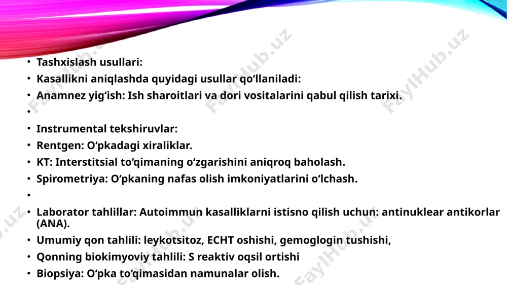 tekshiruvlar:‍ rentgen: o‘pka maydonida xiralashish (asosan pastki qismlar).‍‍ kt (hrct): o‘pka to‘qimasida «asaldan kosa» ko‘rinishi (fibrozning xarakterli belgisi).‍ spirometriya: restriktiv turdagi o‘pka funksiyasi buzilishi.‍ oksimetriya: qonning kislorod darajasini o‘lchash.‍ laborator tahlillar:‍‍ autoimmun kasalliklarni istisno qilish uchun qon tahlillari (ana, rf).‍‍ qon gazlarini o‘lchash.‍‍ biopsiya:‍‍ fibroz va granulomalar mavjudligini tasdiqlash uchun o‘pka to‘qimasidan namuna olish.‍ davolash usullari:‍ fibrozlanuvchi alveolitni to‘liq davolash imkoni yo‘q, lekin davolash kasallik rivojlanishini sekinlashtirishga qaratilgan:‍ dori vositalari:‍ kortikosteroidlar: yallig‘lanishni kamaytiradi (masalan, prednizolon).‍ immunosupressorlar: siklofosfamid, azatioprin.‍ fibrozga qarshi dorilar: pirfenidon, nintedanib.‍ oksigenoterapiya: kislorod yetishmovchiligini bartaraf etish.‍ nafas olish reabilitatsiyasi: maxsus mashqlar yordamida o‘pka funksiyasini yaxshilash.‍ o‘pka transplantatsiyasi: kasallikning og‘ir shakllarida.‍ image2.png image1.png /docprops/thumbnail.jpeg