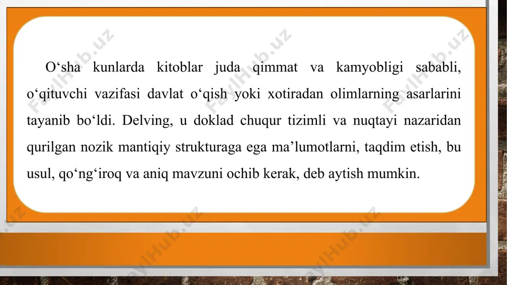 ni texnologik tizim sifatida tarkibi, ketma-ketligini aniqlash lozim. dokladda darsni uch bosqichga bo‘lish mumkin: kirish. avvalgi dokladda nimalar o‘rganilgan, uning natijasi nimalar bilan bog‘liq, bugungi darsga qanday maqsad qo‘yilyapti? avvalo dars ilgarigi mavzu bilan bog‘lanadi. keyin yangi mavzu e’lon qilinadi. doklad rejasi, mustaqil o‘qish uchun zarur asosiy va qo‘shimcha adabiyotlar ro‘yxati tavsiya etiladi. mavzuni o‘rganishdagi asosiy termin, tushunchalar, mustaqil dokladda munozarali savollarni qo‘yish, turli nuqtayi nazarlarni bayon qilish maqsadga muvofiq. dokladchining o‘zi ma’lum bir nuqtayi nazarni qo‘llab-quvvatlar ekan, talabalarga ham ana shu qarash to‘g‘riligini tushuntirishi, auditoriyani ishontirishi kerak. e’tiboringiz uchun raxmat image3.jpg /docprops/thumbnail.jpeg