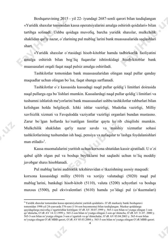 i va boshqa maxsus (5500), pul ekvivalentlari (5610) hamda yo`ldagi pul (o`tkazmalari) mablag`lari (5710) schyotlariga doir muomalalarni auditorlik tekshiruvidan o`tkazib, moliyaviy hisobotning «pul mablag`lari» bo`limi bo`yicha ma'lumotlarning ishonchliligi va bankdagi schyotlarda pul mablag`larini hisobga olish uslubiyotining o`zbekiston respublikasida amal qilayotgan me'yoriy hujjatlarga muvofiqliligi to`g`risida xulosa bildirish, ularni saqlanishi va ishlatilishining maqsadga muvofiqligi, buxgalteriya hisobida to`g`ri aks ettirilishi hamda qonuniyligini ta'minlashdan iborat. ushbu maqsadni amalga oshirish uchun quyidagi vazifalarni hal etish zarur: - inventarizatsiya o`tkazish yo`li bilan kassadagi mavjud pul mablag`lari, qimmatli qog`ozlar miqdori va summalarining haqiqiy qoldig`ini aniqlash; - kassa muomalalarini hisobga olishda «yuridik shaxslar tomonidan kassamuomalalarini amalga oshirish qoidalari» ga rioya qilinayotganligini aniqlash; - bank muassasasidagi hisob-kitob, valuta va boshqa maxsus schyotlar bo`yicha amalga oshirilgan muomalalarni tekshirib chiqish; - o`tkazilgan tekshirish asosida oraliq dalolatnoma tuzish va xulosa qilish. fanga oid o`quv adabiyotida pul mablag`lari auditorlik tekshiruvini o`tkazishning maqsadi quyidagicha ifodalangan: «tekshiruvning asosiy maqsadi - pul mablag`lari oqimini aks etuvchi …