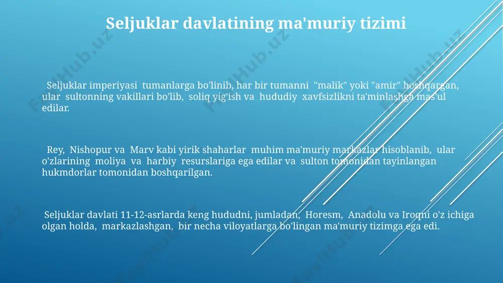 imperiyasi 11-asrda anadolu va yaqin sharqni zabt etib, taxminan 3 million kvadrat kilometr maydonni egallagan ulkan bir davlat edi. imperiyaning eng qudratli davrida, 1092 yilda, malazgirt jangidan keyin, seljuqiylar armaniston, suriya va iroqning katta qismlarini nazorat qilishgan. buyuk seljuq imperiyasining siyosiy tuzilmasi turkiy an'analarga asoslangan bo'lib, sultonning muhim vazirlari va harbiy qo'mondonlari orqali boshqaruv amalga oshirilgan. e'tiboringiz uchun rahmat @taqdimot_robot