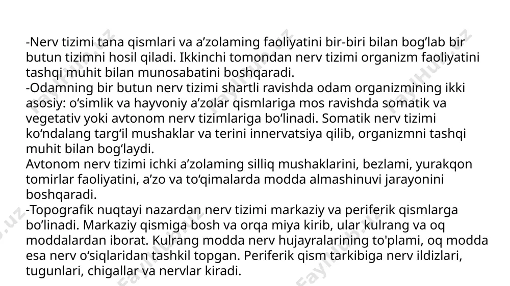 a miya pufaklari ketma-ket joylashadi. orqa miya (medulla spinalis) tashqi tomondan oldindan orqaga qarab biroz yassilangan silindr shaklidagi tizimcha ko‘rinishiga ega. uning ko‘ndalang oichami kengroq. orqa miya umurtqa kanali ichida joylashib, ensa suyagining katta teshigini pastki chekkasida bosh miyaga o‘tib ketadi. bu sohada orqa miyadan o‘ng va chap birinchi orqa miya nervlarining ildizi chiqadi. orqa miyaning pastki qismi torayib, orqa miya konusini (conus medullaris) hosil qilib i—ii bel umurtqalari sohasida tugaydi. u pastga tomon ingichka oxirgi ipga (filium terminate) davom etadi. oxirgi ipning 15 sm cha keladigan ii dumg‘aza umurtqasi sohasigacha joylashgan yuqori qismi tarkibida nerv to‘qimasi boiib, uni oxirgi ipning orqa miya qismi (pars spinalis fili terminalis) deyiladi. uning atrofida bel va dumg‘aza nervlarining ildizlari joylashgan boiib, orqa miya qattiq pardasidan hosil boigan yopiq qopcha bilan o‘ralgan. ii dumg‘aza umurtqasidan pastda oxirgi ipni 8 sm keladigan tashqi qismi joylashadi. u orqa miyani o‘ragan uch qavat pardaning davomi bolgan biriktiruvchi …