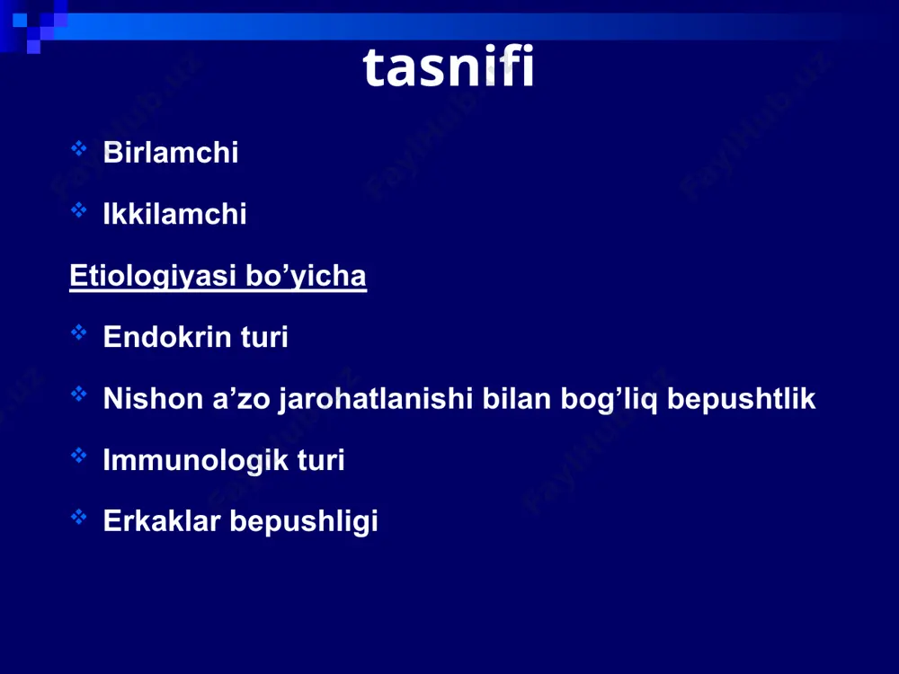 o’llash bachadon ichiga inseminatsiya qo’llash anatomik o’zgarishlar bo’lsa, plastik jarrohlik muolajalarini o’tkazish nishon a’zolarining surunkali yallig’lanishi bilan bog’liq bepushlikni davolash immunologik bepushtlik bepushtlik sababi spontat ro’y beruvchi antisperma immunitet: erkaklarda ayrim hollarda o’zining spermasiga nisbatan antitela bo’lishi, ayollarda erining spermasiga nisbatan antitela bo’lishi davosi 6 oygacha prezervativ qo’llash, ayollarda glukokortikoid terapiya spermani suyultirish uchun qo’llaniladi psixogen omillar ko’pgina bepusht ayollarda psixoemotsianal xolatida turli o’zgarishlar borligi aniqlanadi. yolg’izlik, hayz oldi davridagi isterik holatlar bunga misol bo’ladi. bunday ayollar nevropatolog, psixonevrolog, nazoratida bo’lishi kerak. erkaklar bepushtligi erkaklar bepushligining sekretor va ekskritor turlari farqlanadi. erkaklar bepushligining sekretor turi spermatogenez buzilishi bilan harakterlanadi. ekskretor turi – sperma ajralishining buzilishi bilan harakterlanadi. erkaklar bepushtigi 40-50% hollarda uchraydi. bepusht ayollarni tekshirish usullari anamnez gormonal tekshirish (lg,fsg, prolaktin, testosteron) hayz siklining 6-8 kunida gisterosalpingografiya, ovulyatsiya kunlarida kimopertubatsiya follikullar o’sishining ultratovush biometriyasi erkaklar spermasi tahlili hayz siklining 12-14 kunlarida postkoital testlar (pkt) o’tkazish laparoskopiya hayz boshlanishidan 2-3 kun …