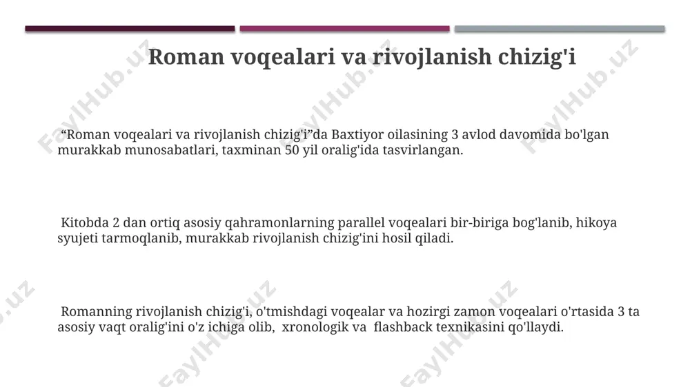 n olingan va o'ziga xos uslubiy xususiyatlarni aks ettiradi. asarda 30 dan ortiq turli xil she'riy anjomlar, jumladan, istiora, metafora va takrorlardan foydalanilgan bo'lib, ular asarning badiiy ifodasiga boylik bag'ishlaydi. baxtiyor oilasi kitobi haqida umumiy ma'lumot kitobda baxtiyor oilasining 3 avlodining hayoti, 19-asr oxiri va 20-asr boshlarida sodir bo‘lgan ijtimoiy-siyosiy voqealar fonida tasvirlangan. asarda 20 dan ortiq personajlarning murakkab munosabatlari, ularning ichki dunyosi va taqdirlarini aks ettiruvchi 50 dan ziyod hikoya va voqealar bayon qilingan. “baxtiyor oilasi kitobi” 3 qismdan iborat bo‘lib, har bir qismi o‘rtacha 150-200 betdan iborat, jami 450-600 betni tashkil etadi. baxtiyor oilasi kitobining zamonaviyligi baxtiyor oilasi kitobining hikoya qilish texnikasi, tezkor voqea rivoji va murakkab syujet chiziqlari bilan o'quvchini o'ziga tortadi, bu esa zamonaviy o'quvchilarning qisqa muddatli e'tiborini jalb qilishga yo'naltirilgan zamonaviy adabiyot tamoyillariga mos keladi. kitobda 30 dan ortiq turli xil personajlarning psixologik portretlari berilgan bo'lib, ularning har biri o'ziga xos individual xususiyatlarga ega, bu …