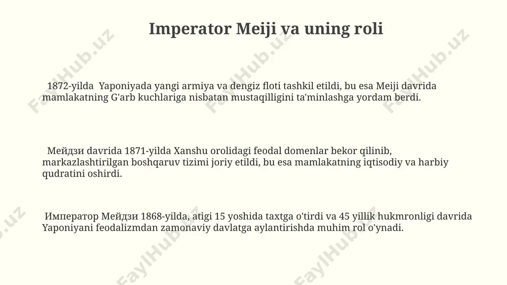 ga 1877-yilda imperatorlik universiteti (hozirgi tokio universiteti) tashkil etilishi yuqori malakali mutaxassislar tayyorlashga qaratilgan edi. gʻarb davlatlari taʼlim tizimlarining elementlarini oʻzlashtirib, yaponiya 10 yildan kamroq vaqt ichida zamonaviy taʼlim tizimini yaratdi, bu esa mamlakatning tez rivojlanishiga yordam berdi. meiji davri taʼlim islohoti natijasida 1872-yilda 4000 dan ortiq yangi maktab ochilib, bolalar uchun majburiy boshlangʻich taʼlim joriy etildi. shogʻunlik tizimining zaiflashuvi kyotodagi imperator saroyi bilan edo (hozirgi tokio)dagi shogʻun hukumatining o'rtasidagi kuch kurashi, ikki hukumatning ham samarali boshqaruvga qodir emasligini va mamlakatni siyosiy betartiblikka yetaklashini ko'rsatgan. tokugava shogʻunligining iqtisodiy siyosati, ayniqsa, 19-asrning o'rtalarida, sanoat inqilobi davrida g'arb mamlakatlarining rivojlanishi bilan taqqoslaganda ancha orqada qolgan bo'lib, mamlakatning iqtisodiy zaiflashuviga va siyosiy beqarorlikka olib kelgan. 1853-yilda amerika qo'shma shtatlarining “qora kemalari”ning yaponiyaga kelishi tokugava shogʻunligiga katta tahdid solgan va mamlakatning zaiflashgan mudofaa qobiliyatini namoyish etgan. bu voqea imperiya hukumatining o'z ahamiyatini yo'qotishining boshlanishi bo'lgan. madaniy islohotlar 1871-yilda feodal yer egalarining yerlarini milliylashtirish siyosati …