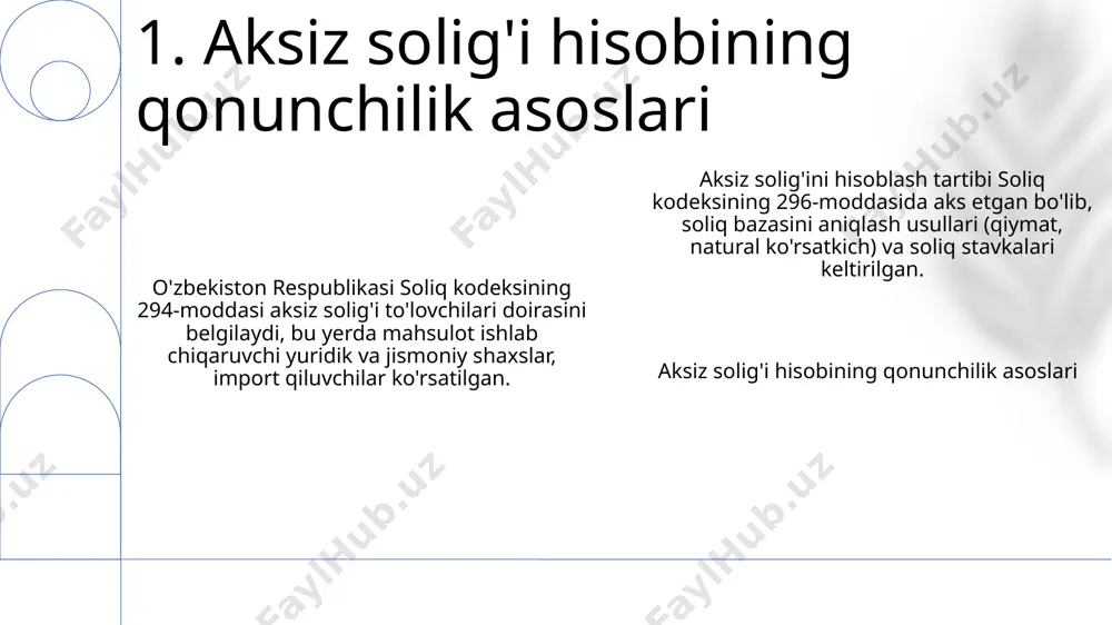 bazasi va stavkalari bo'yicha ma'lumotlarni qayta ko'rib chiqing. aksiz to'lanadigan tovarlarni hisobga olishda faktura-hisob varaqalarini to'g'ri rasmiylashtirmaslik, qo'shilgan qiymat solig'i (qqs) bilan bog'liq muammolarga olib keladi va 20% jarimaga sabab bo'lishi mumkin. mahsulot klassifikatsiyasi xatosi aksiz solig'ining noto'g'ri hisoblanishiga sabab bo'ladi. masalan, 1-toifali mahsulotni 2-toifaga kiritish soliq farqiga olib keladi. 8. aksiz solig'i hisobida xatoliklar va ularni bartaraf etish aksiz solig'i hisobida germaniya 1994-yil 1-yanvardan boshlab "soliq to'lovchilarning elektron ma'lumotlar bazasi" (seed) tizimini joriy etgan, bu soliq nazoratini kuchaytirishga yordam beradi. xalqaro tajriba: aksiz solig'i hisobi kanada aksiz solig'i hisobi bo'yicha goods and services tax (gst) / harmonized sales tax (hst) tizimini qo'llaydi, bunda 5% gst va provinsiyalarda qo'shimcha hst stavkalari (masalan, ontario da 13%) hisobga olinadi. 9. xalqaro tajriba: aksiz solig'i hisobi e'tiboringiz uchun rahmat @taqdimot_robot image1.png image2.png image3.png image4.png image5.png image6.png image7.png image8.png image9.png image10.png