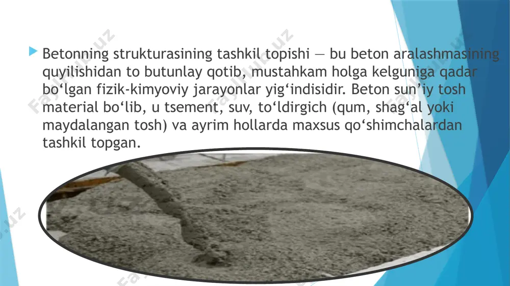 me havo tortuvchi qo‘shimchalar (vozduxovuvlivayushchiye dobavki) masalan: sopol sabunlar, yog‘li kislotalar, rezina asosidagi emulsiyalar ta’siri: beton ichida juda mayda havo pufakchalari hosil qiladi. bu havo pufakchalari muzlash-payvandlashga chidamlilikni oshiradi. sovuqqa chidamli (morozoustoychiviy) beton olish mumkin. ntdan foydalanish samaradorligi oshadi. mineral qo‘shimchalarmasalan: flyugash (kul), silikafum, granullangan domna shlakita’siri:tsementning bir qismini almashtiradi.gidratatsiya davomida yana csh hosil bo‘ladi — bu mustahkamlikni oshiradi.iqtisodiy jihatdan arzon.betonning uzoq muddatli chidamliligini oshiradi. xulosa beton strukturasining tashkil topish jarayoni murakkab fizik-kimyoviy jarayon bo‘lib, bu jarayonning samaradorligi va betonning yakuniy xossalari ko‘p jihatdan qo‘shimchalarning ta’siriga bog‘liq.🔹 qo‘shimchalar beton aralashmasining plastikligi, qotish vaqti, zichligi, suvga va sovuqqa chidamliligi kabi muhim xossalarini nazorat qilish imkonini beradi.🔹 gidratatsiya jarayoniga ta’sir etuvchi qo‘shimchalar (akseleratorlar va retarderlars) betonning qotish tezligini boshqaradi, bu esa har xil iqlim va texnologik sharoitlarda ishlash imkonini beradi.🔹 plastifikatorlar va superplastifikatorlar beton aralashmasini kamroq suv bilan suyuqroq holatga keltirib, yakuniy strukturaning zich va mustahkam bo‘lishiga xizmat qiladi.🔹 havo tortuvchi qo‘shimchalar …