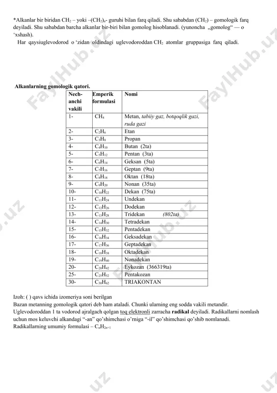 ekan (75ta) 11- c11h24 undekan 12- c12h26 dodekan 13- c13h28 tridekan (802ta) 14- c14h30 tetradekan 15- c15h32 pentadekan 16- c16h34 geksadekan 17- c17h36 geptadekan 18- c18h38 oktadekan 19- c19h40 nonadekan 20- c20h42 eykozan (366319ta) 25- c25h52 pentakozan 30- c30h62 triakontan izoh: ( ) qavs ichida izomeriya soni berilgan bazan metanning gomologik qatori deb ham ataladi. chunki ularning eng sodda vakili metandir. uglevodoroddan 1 ta vodorod ajralgach qolgan toq elektronli zarracha radikal deyiladi. radikallarni nomlash uchun mos keluvchi alkandagi “-an” qo’shimchasi o’rniga “-il” qo’shimchasi qo’shib nomlanadi. radikallarning umumiy formulasi – cnh2n+1 quyidagi radikallarni yod oling radikal nomi radikal formulasi yig’ilib yozilgani metil ch3─ ch3- etil ch3─ch2─ c2h5- propil ch3─ch2─ch2─ c3h7- izopropil yoki ikkilamchipropil c3h7- butil ch3─ch2─ch2─ch2─ c4h9- ikkilamchibutil c4h9- uchlamchibutil c4h9- izobutil c4h9- amil ch3─ch2─ch2─ch2─ch2─ c5h11- neopentil c4h9- metilen ─ch2─ alkanlarning tabiatda tarqalishi ch4 – tabiiy gazning 90-97% ini tashkil etadi. botqoq gazining asosiy tarkibini tashkil etadi, shu sababdan u tabiiy …