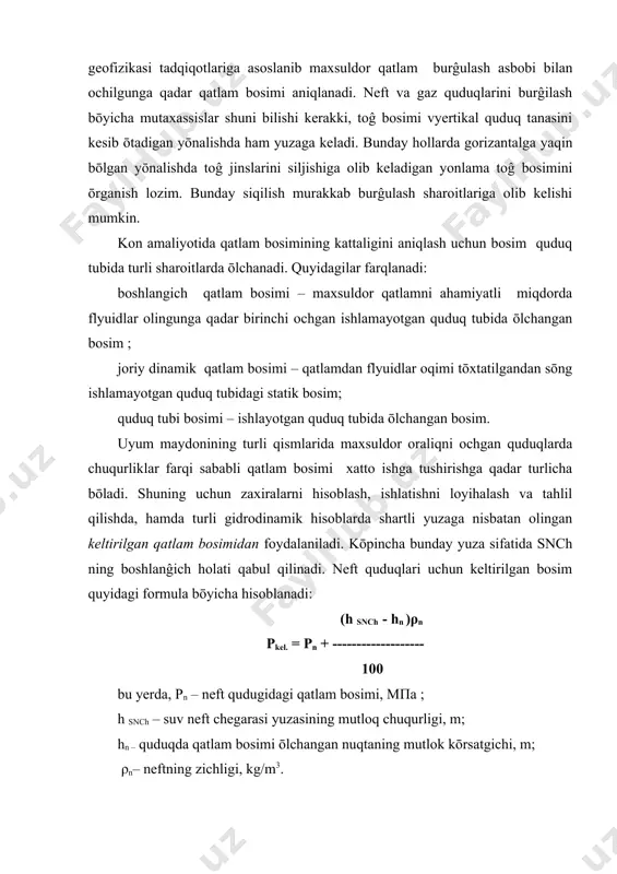 ing zichligi, kg/m3. alohida quduqlar bōyicha qatlam bosimi (snchga keltirilgan) haqidagi ma’lumotlar qatlam bosimi xaritasini tuzish uchun foydalaniladi. bu xarita izobar xarita deb yuritiladi. bu xaritalar bōyicha butun uyum va uni alohida qismlarining ōrtacha qatlam bosimi kattaligi hisoblanadi. izobar xaritasining tahlili uyumning yangi quduqlar burgilash kōzda tutilgan qismlarida bosim kattaligini baholash imkoniyatini yaratadi. qatlam harorati. qatlam haroratini ōrganish qatlam flyuidlarining xossalarini aniqlash, neft va gaz zaxiralarini hisoblash, maxsuldor qatlamni ishlatishni loyihalash va amalga oshirish, uning ish tarzini, qatlam suvlari dinamikasini ōrganish uchun, yyer qobigining issiqlik maydonini tadqiq qilish uchun hamda quduqlarni sementlash va pyerforatsiya qilish bilan boĝlik bōlgan turli texnik vazifalarni yechish uchun zarur. chuqurlik oshib borgan sari yyer qobiĝini harorati ōsadi. shu bilan birga yer sharining turli xududlarida chuqurlashgan sari haroratning ōsishi turlicha. yer qobiĝining yuqori qatlamlari (10-20 km) uchun harorat ōrtacha har 33 metrga 10c ga oshadi. haroratning ōsishi geosinklinal viloyatlarda platformalarga nisbatan tezroq, yosh platformalarda qarilariga nisbatan …