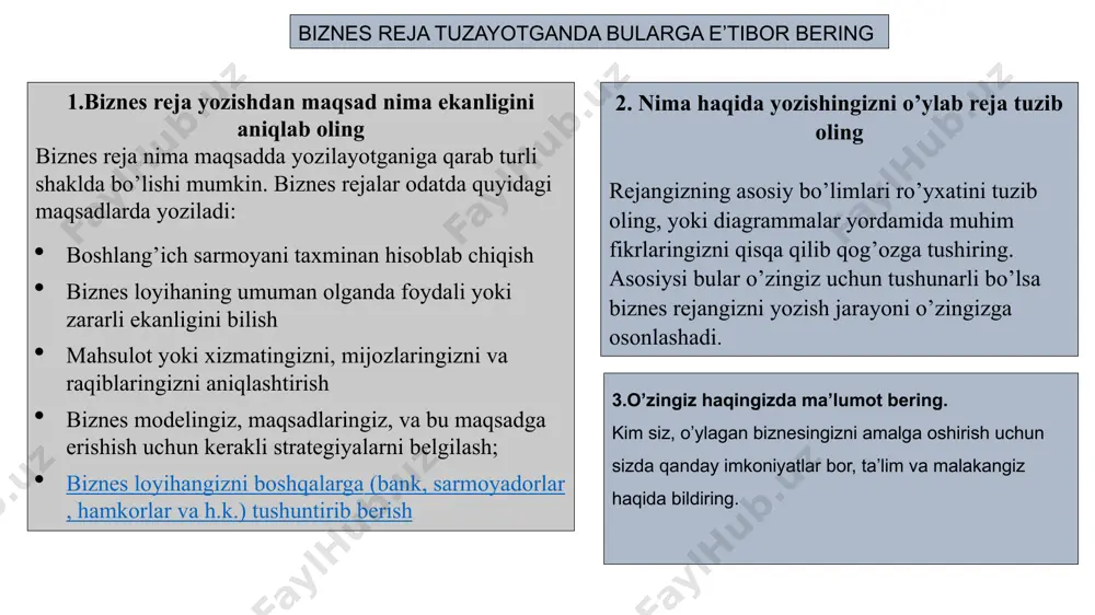 ligi haqida yozing. sizning narhlaringiz boshqalardan arzonroqmi, yo sifat jihatdan ajralib turasizmi? balki sizning joyingiz mijozlar uchun qulaydir, yoki vaqtdan yutish imkonini berarsiz? 7.haridorlaringiz mahsulotingiz uchun taxminan qancha pul sarflashini aniqlang mijozlaringizni sizning mahsulot yo xizmatlaringizga qancha pul to’lashga tayyor ekanliklari, bir yilda o’rtacha necha martta shu mahsulot/xizmatni sotib olishlarini hisoblab yozing. albatta bu yerda quruq taxminlar emas yana izlanish va tadqiqotlar natijasidan kelib chiqib yozishingiz kerak. 8.bir yilda o’rtacha qancha mahsulot ishlab chiqara olishingiz haqida yozing ishchi kuchi yoki uskunalaringizning qobiliyatidan kelib chiqib bir yilda shu mahsulotdan eng kop qancha ishlab chiqara olishingizni yoki xizmatingizni necha marta bera olishingizni hisoblab yozing. yana dalillarga asoslanib yozish kerak. 9.har bir mahsulotning tan narhi qancha bo’lishini hisoblang mahshulot ishlab chiqarish uchun ketadigan materiallar narhidan tortib ishchilarga beriladigan oylik, do’kon yoki uskuna arenda xarajati, soliq, elektr, telefon internetdan tortib barcha xarajatlarni hisobga olgan holda har bir mahsulotingizning tan narhi qanchaga tushishini hisoblab chiqing. …