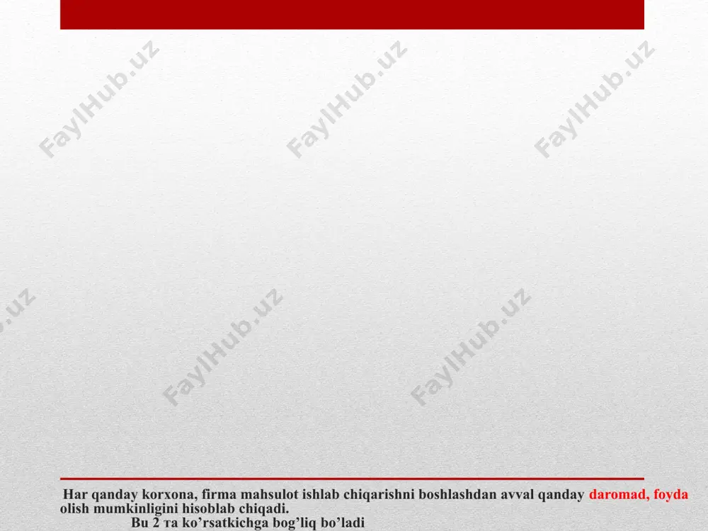 ан олинган тушумдан корхонанинг маҳсулотни ишлаб чиқариш. ва сотиш учун сарфлаган харажатлари суммаси айирмасига тенгдир. маҳсулотнинг ишлаб чиқариш таннархига киритиладиган харажатлар ишлаб чиқариш таннархига киритилмайдиган ҳамда давр харажатларига киритиладиган харажатлар корхонанинг молиявий фаолияти бўйича харажатлари фавқулодда зарарлар маҳсулот (иш, хизмат)ларнинг ишлаб чиқариш таннархини ҳосил қилувчи харажатлар уларнинг иқтисодий мазмунига кўра қуйидаги харажатлар моддалари билан груҳларга ажратилади: 1. mahsulotlarni ishlab chiqarish tannarxiga kiritiladigan xarajatlar: – ishlab chiqarish moddiy xarajatlari (qaytariladigan chiqitlar qiymati chiqarib tashlangan holda); – ishlab chiqarish xususiyatiga ega bo‘lgan mehnatga haq to‘lash xarajatlari; – ishlab chiqarishga tegishli bo‘lgan ijtimoiy sug‘urta ajratmalari; – asosiy vositalar va ishlab chiqarish ahamiyatiga ega bo‘lgan nomoddiy aktivlar amortizatsiyasi; – ishlab chiqarish ahamiyatiga ega bo‘lgan boshqa xarajat-lar. 2. давр харажатлари (ишлаб чиқариш таннархига киритилмайдиган, бироқ асосий фаолиятдан олинган фойдада ҳисобга олинадиган харажатлар): - маҳсулотни сотиш бўйича харажатлар; - маъмурий харажатлар; - бошқа операцион харажатлар. 3. moliyaviy faoliyat bo‘yicha xarajatlar: – foizlar bo‘yicha xarajatlar; – xorijiy …