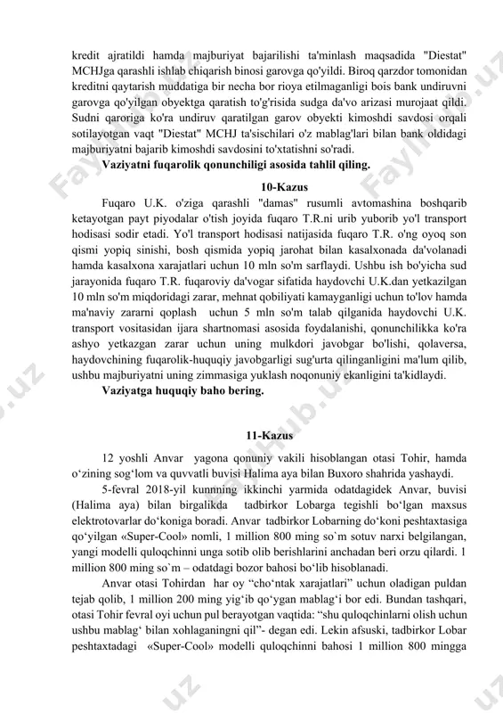 lari mavjud emasligini ma'lum qilib, qarzni to'lashdan bosh tortadi. vaziyatga huquqiy baho bering. 8-kazus 2021 yilning yanvar oyida "uzmotors" mchj dilerlik firmasi hamda fuqaro t.o. o'rtasida avtotransport vositasi oldi-sotdi shartnomasi tuziladi. shartnoma shartlariga ko'ra "uzmotors" mchj 2021 yilning sentyabr oyida sotib oluvchiga "spark" rusumli avtotransport vositasini yetkazib berish majburiyatini, fuqaro t.o. esa buning uchun 90 mln so'm to'lash majburiyatini zimmasiga oladi. shartnomani bajarish muddati kelib, "uzmotors" mchj yetkazib berish muddati yana 2 oyga uzaytirilganligi (2021 yilning dekabr oyiga) ma'lum qilganida, fuqaro t.o. yo'lovchi tashish faoliyati bilan shug'ullanish uchun litsenziya olganligi, shu boisdan sotuvchi majburiyatini bajarishni kechiktirsa, yo'lovchi tashish faoliyatidan olishi mumkin bo'lgan ikki oylik daromadini, shuningdek majburiyat bajarilishi kechiktirib yuborilgan har bir kun uchun tovar bahosining 0.5 % miqdorida, 64 kun uchun jami 28.800.000 miqdorida penya to'lashi kerakligini ma'lum qiladi. bunga javoban "uzmotors" mchj shartnoma shartlariga ko'ra, avvalo, majburiyat bajarilmaganida u to'laydigan penya miqdori tovar bahosining 5%idan oshib ketmasligi nazarda …