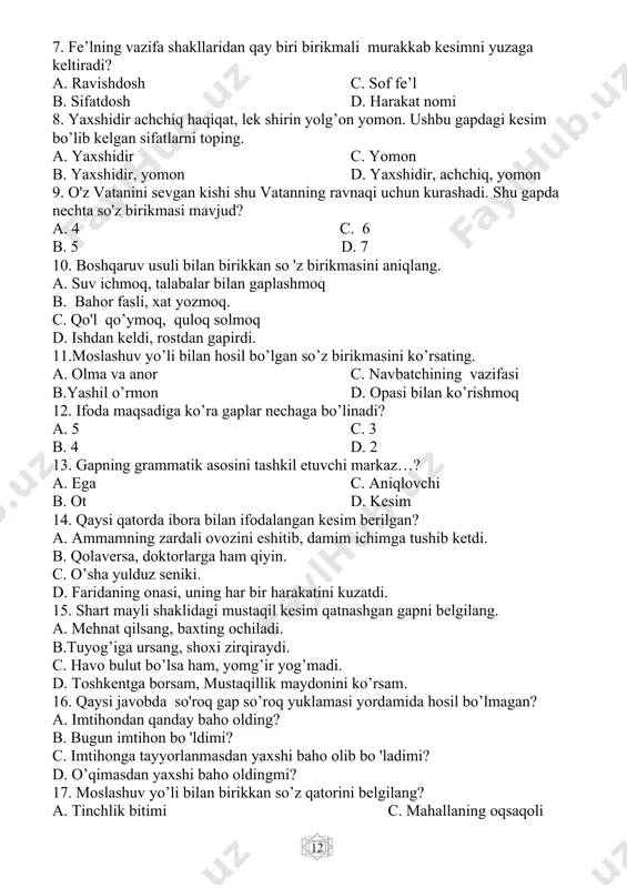 ib. d. shu yog'ingarchilikda ketmoqchimisizlar? 25. buyruq ma'nosi ifodalangan gap qatorini belgilang. a. qayoqda yuribsiz, aya, tinchmisiz? b. ota, manavi behilarni ko'ring. c. xo'p, men sizni minba'd o'zimning ma'naviy rahnamom deb bilurman. d. ishni nimadan boshlash kerak? iii chorak 1. “dildora kechagi uchrashuv haqida zavqlanib gapirdi” ushbu gapda nechta gap bo’lagi mavjud va ular qaysilar? a. 5 ta: kesim, ega, to’ldiruvchi hol, hol b. 5 ta: kesim, ega, to’ldiruvchi, aniqlovchi, hol c. 4 ta: kesim, ega, to’ldiruvchi, hol d. 4 ta: kesim, ega, aniqlovchi, to’ldiruvchi 2. bor so’zlaydi, yo’q o’ylaydi. ushbu gapdagi egani toping. a. bor c. yo’q b. bor, yo’q d. ega qatnashmagan 3. ega haqidagi qaysi hukm to’g’ri? a. ega bosh kelishik shaklida bo’ladi c. ko’plik shaklini oladi b. egalik shakllarini oladi d. a, b, c javoblar to’g’ri 4. quydagi qaysi gapda ega bilan kesim orasida tire ishlatilishi lozim? a. jamoa xo’jaligi xalq mulki. b. o’g’limdan umidim ko’p. …