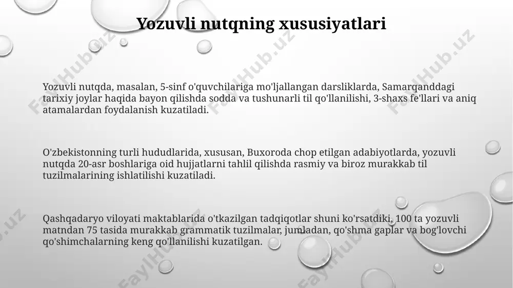 hi kerak. tinglovchilar bilan aloqa o'rnatish nutqning tezligi va ohangini (120-150 so'z/daqiqa oralig'ida) o'zgartirish, farg'onadagi seminarlarda ta'kidlanganidek, tinglovchilarning e'tiborini jalb qilish va ma'lumotni yaxshiroq o'zlashtirishga yordam beradi. 20 dan ortiq tinglovchiga mo'ljallangan ma'ruzada, aniqlik va xulosa chiqarish uchun, rasmlar, sxemalar va namanganda chop etilgan qo'llanmalardan foydalanish samarali bo'ladi. tinglovchilarning yoshini (masalan, 7-10 yosh), bilimlarini va samarqanddagi ta'lim muassasasining o'quv dasturini hisobga olgan holda nutqning soddaligi va tushunarliligini ta'minlash muhim. o'qituvchining nutqining kommunikativ xususiyatlari andijon viloyatida o'tkazilgan tadqiqotlar shuni ko'rsatdiki, o'qituvchining nutqining tempi va intonatsiyasi (o'rtacha 120 so'z/minut) o'quv jarayonining samaradorligiga sezilarli darajada ta'sir ko'rsatadi. o'qituvchining nutqi samarqanddagi 5-maktabda o'tkazilgan kuzatuvlarda 3 xil kommunikativ funksiyani (axborot berish, rag'batlantirish, baholash) namoyon etdi, bu uning turli didaktik vazifalarni bajarishini ko'rsatadi. o'qituvchining nutqida 20% dan ortiq metakommunikativ elementlar (masalan, “tushundingizmi?”, “savolingiz bormi?”) ishlatilishi, o'quvchilarning tushunish darajasini nazorat qilish va fikr almashinuvini ta'minlashga xizmat qiladi. nutqning turlari va shakllari nutqning og'zaki (masalan, dars jarayonida 30 …