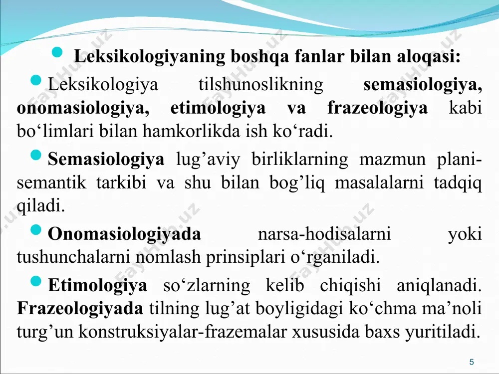 bo‘lmagan o‘quv vositasi» bo‘lib, u quyidagi tarkibiy qismlardan iborat: “varaqlardan tashkil topgan”; “o‘quv vositasi”; “davriy bo‘lmagan”; “bosma yoki qo‘lyozma holdagi”; “muqovalangan”. sememada bir sema almashtirilishi bilan u butunlay boshqa sememaga aylanib ketishi mumkin. masalan, yuqoridagi «davriy bo‘lmagan» semasini «davriy bo‘lgan» semasiga almashtirsak, u o‘z-o‘zidan [jurnal] leksemasining sememasi bo‘lib qoladi. * sema turlari. 1) atash semasi (denotativ sema); 2) ifoda semasi (konnotativ sema); 3) vazifa semasi (funksional sema). * atash semasi borliq bilan, ifoda semasi so‘zlovchining munosabati bilan, vazifa semasi esa leksemaning lison va nutqdagi roli bilan belgilanadi. atash semasi leksemaning borliqdagi harakat-holatlik, narsa-predmetlik, miqdorlik, belgilik xususiyatini atovchi, nomlovchi semadir. ular borliq, tushuncha va sememani bir-biriga bog‘lab turadi. masalan, yuqorida keltirilgan [kitob] leksemasining barcha semasi – atash semasi. bir xil yoki o‘xshash tushunchani ifodalaganligi sababli leksemada ko‘p holda atash semasi bir xil bo‘ladi. masalan, [yaxshi], [tuzuk], [durust], [ajoyib] yoki [yuz], [chehra], [oraz], [turq], [aft], [bet] ma’nodoshlik qatoridagi barcha leksemalarning atash semasi …