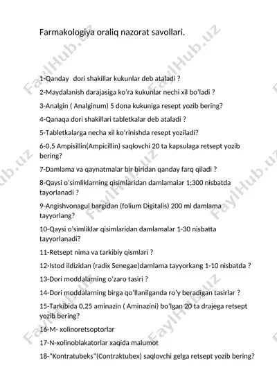 farmakologiya oraliq nazorat savollari — DOC