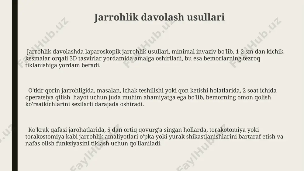 ka rentgenologik tekshiruvlar, masalan, ko'krak qafasi va qorin bo'shlig'i rentgenogrammalari, 80-90% hollarda dastlabki tashxis qo'yishga imkon beradi, bu esa keyingi davolash taktikasini aniqlashga yordam beradi. qorin bo'shlig'i shikastlanishlarini aniqlashda laparoskopiya minimal invaziv usul bo'lib, taxminan 1-2 sm dan kichik kesmalar orqali amalga oshiriladi va yuqori aniqlikdagi vizualizatsiyani ta'minlaydi, shu bilan birga, diagnostika va davolashni bir vaqtda olib borish imkonini beradi. asoratlarning oldini olish va davolash qon ketish xavfini kamaytirish uchun trombotsitlar sonini kuzatish va kerak bo'lganda qon quyish yoki trombotsitlar transfuzioni o'tkazish, bu o'lim xavfini 15% ga pasaytirishi mumkin. ichki organ shikastlanishlarida og'riqni boshqarish uchun analjeziklar va opioidlarni ehtiyotkorlik bilan qo'llash, og'riq darajasini 3-4 balldan oshmasligi kerak. asoratlarni oldini olish uchun shikastlangan organlarning sterilligini ta'minlash, ya'ni 100% antiseptik sharoit yaratish juda muhim bo'lib, bu infektsiyalar xavfini 50% ga kamaytiradi. e'tiboringiz uchun rahmat @taqdimot_robot