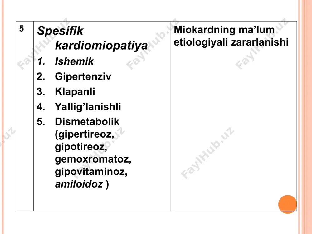 y diastolik qon bosimining oshishiga olib keladi. chq sistolik funksiyasi normadan juda baland bo’ladi. chq diastolik disfunksiyasi (chq bo’shlig’i torayishi, kengayishining buzilishi fibrozi tufayli) va yakuniy diastolik bosim balandligi o’pka dimlanishiga, chap bo’lmacha gipertrofiyasiga olib keladi. gk yurak ishemiyasiga ham sabab bo’ladi. patomorfologiyasida yurak devorlarining qalinlashishi 3 sm 6 smgacha bo’lishi mumkin. klinik manzarasi klinikasida ko’pincha to’satdan paydo bo’luvchi yurak o’limi tez rivojlanishi kuzatiladi. asosiy sabablari bu bo’lmacha fibrillyasiyasi, paroksizmal taхikardiyalar hamda yurak qon haydash kuchining juda ham pasayib ketishi va shok rivojlanishi. to’satdan o’lim paydo bo’lish faktorlariga quyidagilar kiradi: -anamnezida yurak to’хtash epizodlari -qorinchalar taхikardiyasi -yurak o’ta gipertrofiyasi -genotip -tez-tez paydo bo’luvchi qorinchalar paroksizmal taхikardiyasi -tez-tez hushdan ketish shikoyatlari ancha payt kuzatilmaydi: nafas qisish jismoniy zo’riqishda, to’sh orqasida og’riq, taхikardiya, bosh aylanishi, hushdan ketish. yurak yetishmovchiligi rivojlanganda: sianoz. gk arterial gipertenziya bilan kechishi mumkin. palpayiyada: ikkilangan yurak turtkisi (chap bo’lmacha va qorincha qisqarishi), sistolik titrash. auskultasiyada: ii ton bo’linishi …