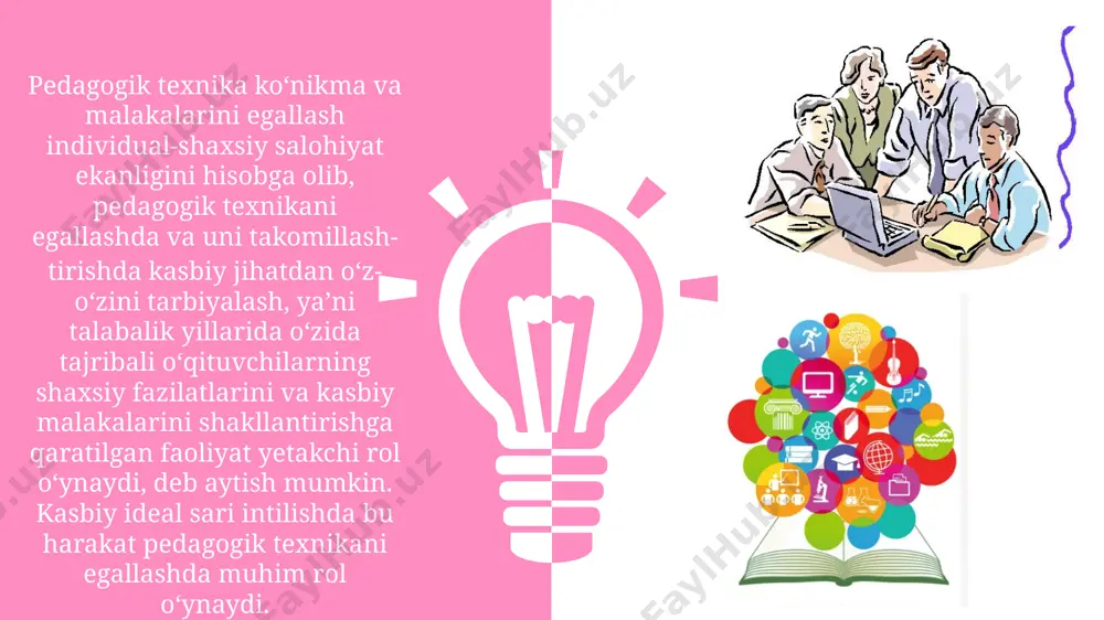 o‘rinda savol tug‘iladi. mahorat nima? mahorat bu — yuqori va doimo yuksalib boruvchi tarbiya va oo‘qitish san’atidir. mahorat faoliyat jarayonida shakilanadi va madaniyatini o‘zida mujassamlashtirgan yoshlarni voyaga yetkazish rnuhim vadavlat ahamiyatidagi vazifadir education infographic style contents contents title title contents pedagogik mahoratga ega bo‘lgan o ‘qituvchi - talabaiarda o ‘qish, o ‘qitish, tarbiyalash jarayonida diqqatlarini aniq taqsimlash, bilirn, ko'nikmalarini, psixik holatlarini boshqara olish va pedagogik texnika madaniyatini o ‘zlashtirish malakalarini shakllantiradi. qobiliyat - shaxsning muayyan faoliyat yuzasidan layoqati va uning ishini muvaffaqiyatli bajarishdagi subyektiv shart - sharoitini ifodalovchi individual psixik xususiyatlaridir. 0 ‘qituvchining kasbiy faoliyati favqulotda umumiy va xususiy qobiliyatlami talab etadi. kasbiy pedagogik faoliyatning muaffaqiyati, xususiy pedagogik qobiliyatlarga bog'liq bo’ladi. 0 pedagogik qobiliyatlarning quyidagi guruhlari farqlanadi : - o‘quvchiga nisbatan sezgirlik; - kommunikativlik - insonlarga yuz tutish, xayrixoxlik, xushmuomilalik; - perseptiv qobiliyatlar - kaspiy yetuklik, empatiya, pedagogik tuyg'u; - shaxs dinamikasi - irodaga ta'sir eta olish va mantiqiy ishontira …