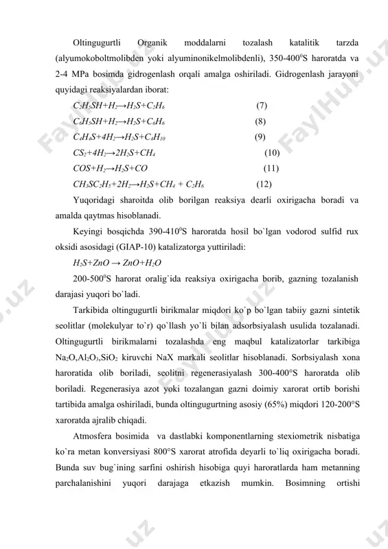 ni ajratish zaruriyati kerak bo`lmaydi. metanni konversiyalab vodorod olishda to`liqsiz oksidlanish jarayoni sodir bo`ladi: 1) ch4+0,5o2co+2h2 ∆h= -35,6 kj (13) ch4+2o2co2+2h2o ∆h= -800 kj (14) 2) ch4+h2oco+3h2 ∆h= 206 kj (15) ch4+co22co+2h2 ∆h= 248 kj (16) kislod ishtirokida konversiyalashda, suv bug`i ishtirokida konversiyalashdek bosimni oshirish termodinamik jihatdan maqsadga muvofiq emas. birinchi bosqich reaksiyaning muvozanat konstanta qiymati shu darajada yuqoriki, bu reaksiyani amalda qaytmas bo`lishiga olib keladi. shu sababli gazlar aralashmasidagi kislorod aralashmasini stexiometrik nisbatdan ko`p bo`lishi mahsulot unumini ortishiga olib kelmaydi. kislorodli konversiyada bosimning ortishi suv bug`i konversiyasidagi kabi termodinamik jihatdan maqsadga muvofiq hisoblanmaydi. bunda yuqori bosimlarda metan konversiyasini yuqori darajaga etkazish uchun jarayonni yuqori haroratlarda olib borish zarur bo`ladi. metanni suv bug`ili va kislorodli konversiyalash jarayoni turli issiqlik effektlari bilan sodir bo`ladi. bug`li konversiya endotermik hisoblanib, qizdirishni talab qilsa; kislorodli konversiyalash reaksiyasi ekzotermik bo`lib, jarayonni nafaqat avtotermik tarzda borishi uchun etarli miqdorda issiqlik ajrab chiqishi bilan, balki bug`li konversiyalashning …