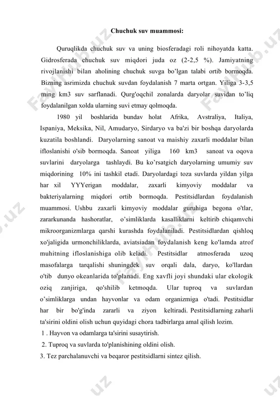 ishi, sug'oriladigan yerlar va yaylovlardan noto'g"ri foydalanish oqibatida, o'rmonlarning betartib kesilishi natijasida cho'llanish darajasi yil sayin ortmoqda. inson ta'sirida vujudga kelgan cho'llar 9,1 mln. km. kv.ga etdi. hozir sayyoramizda yiliga 6 mln.ga yer cho'lga aylanmoqda. mintaqaviy (regional) ekologik muammolar. yer yuzasining ayrim mintaqalariga xos tabiiy-iqlim, ijtimoiy-ekologik, tabiat bilan inson o'rtasidagi o'zaro aloqalari natijasida yuzaga keladigan ekologik muammolar regional ekologik muammolar deb ataladi. mintaqaviy ekologik muammolarga baho berishning mezoni havo va suvning ifloslanishi, tuproq eroziyasi, yaylovlarning ishdan chiqishi, o'rmonlarda daraxtlarning kesilishi. belgilangan miqdordan oshib ketishi va boshqalar hisoblanadi. markaziy osiyodagi mintaqaviy ekologik muammolardan eng muhimi orol va orol bo'yi ekologik muammosidir. orol dengizi yaqin vaqtlargacha eng yirik dengizlardan biri hisoblangan. u muhim baliqchilik, ovchilik, transport va rekreatsion ahamiatga ega edi. sug'oriladigan dehqonchilikning rivojlanishi natijasida amudaryo va sirdaryoning suv quyishi 1970 yilga kelib 37,8 km3, 1980 yilda esa 11,1 km3 gacha kamayib ketdi. suvning sho'rlanish darajasi litriga 9-10 g dan 34-37 g/litr …
