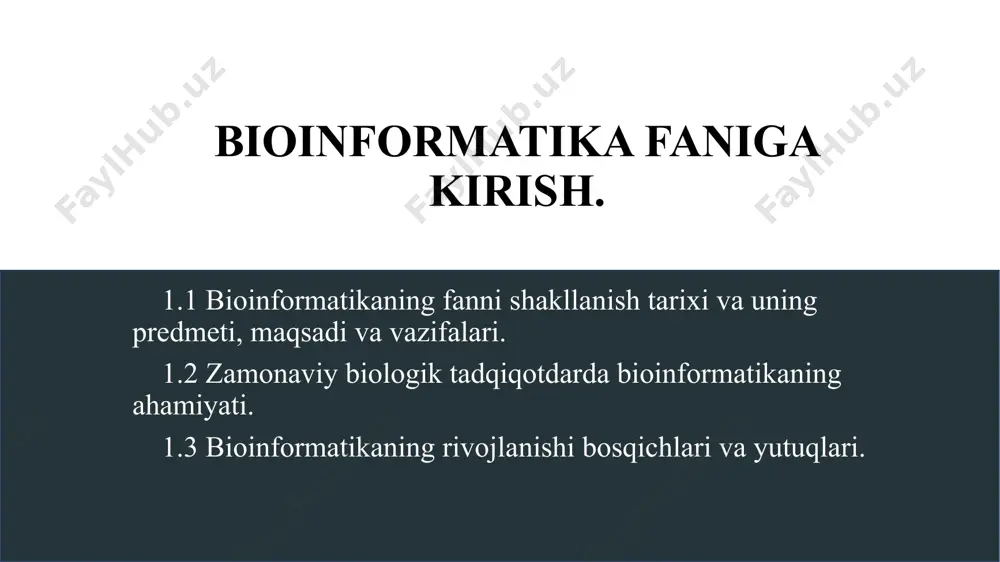iy fanlar sohalarida foydalaniladi. bioinformatika o‘z ichiga quyidagilarni oladi. qiyosiy genomikada kompyuter tahlilining matematik usullari (genom bioinformatikasi); oqsil strukturalarini bashorat qilish uchun algoritm va dasturlarni ishlab chiqish (strukturaviy bioinformatika); muvofiq informatsion murakkablikning biologik tizimlar tomonidan umumiy boshqarilishi. bioinformatika biologiya sohasining quyidagi yo‘nalishlarida qo‘llaniladi: genomik rivojlanish bioinformatikada kompyuter modellashtirish gen tarmoqlarining kompyuter tahlili populyatsion genetikada modellashtirish bioinformatikaning asosiy maqsadi biologik jarayonlarni tushunishga hissa qoʻshishdir. bioinformatikani boshqa biologiya yoʻnalishlaridan ajratib turadigan jihati shundaki, u ushbu maqsadga erishish uchun intensiv hisoblash usullarini yaratish va qoʻllashga qaratilgan. shunga oʻxshash usullarga misollar namunani aniqlash, maʼlumotlarni olish, mashinani oʻrganish algoritmlari va biologik maʼlumotlarni vizualizatsiya qilishdir. tadqiqotchilarning asosan ketma-ketlikni moslashtirish, genlarni topish (genlarni kodlovchi dnk mintaqasini qidirish), genomni dekodlash, dori-darmonlarni loyihalash, oqsil tuzilishini moslashtirish, oqsil tuzilishini bashorat qilish, genlar ifodasini bashorat qilish muammolarini hal qilishga qaratilgan.va oqsil-oqsil oʻzaro taʼsiri, genom boʻylab assotsiatsiyalarni izlash va evolyutsiyani modellashtirish. nazorat uchun savollar: bioinformatika fani qaysi davlatlarda muhim fan sifatida qaraladi? …