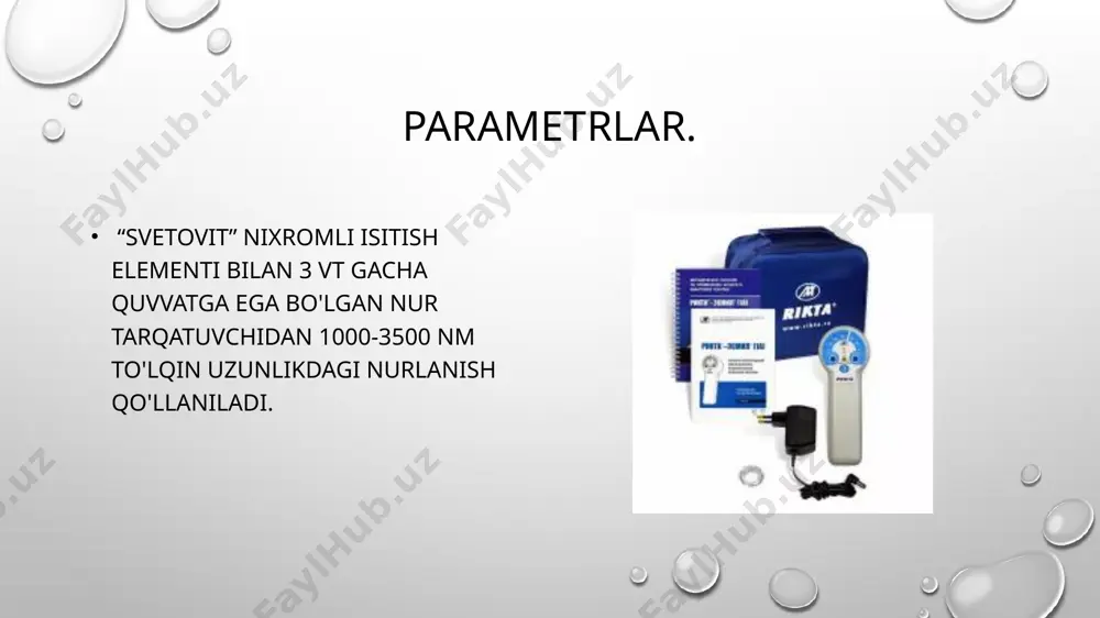 a to’lqinli ubnurlar (x = 295 nm) bor. puva-terapiyasi uchun integral bilan birga va tor-chiziqli o'rta to'lqinli ultrabinafsha radiatsiya (x = 311 nm) 0.15-zichligi 15x10 4 j x m-2 hosil qiladigan qurilmalaridan: uud, ufo, oug, oun va ouk, uv, puva, "uv-1000k waldman", "uv- cabins saalmann kabinas" va boshqalardan foydalaniladi puva uv-1000k waldmann texnika. teri pigmentatsiyasining turiga qarab, umumiy uub (uzun) nurlanishining uchta sxemasi qo’llaniladi: sekinlashtirilgan (ochiq rang uchun), asosiy (normal rang uchun) va tezlashtirilgan (qoramtir rang uchun). muolaja minimal fototoksik doza asosida (mftd) dozalanadi, uning qiymati teri fototipiga bog'liq. uni, bilakning ichki yuzasida oltita nurlangan 1 sm 2 teri hududida 72 soat o'tgach (gorbachev-danfeld bio-dozimetri) aniq chegaralar bilan minimal bir xil eritemaga, nurlanish energiyasi zichligiga qarab aniqlanadi. biodoza puva terapiyada bemorning tanasining bir qismi yoki butun tanasi nurlantiriladi. muolajadan oldin bemorlar fotosensibilizatorni ammifurin, metoksalen , meladinin 0,6 mg'kg dozasida qabul qiladilar. cheklangan sohalarda jarohat joyiga vitamin d3 analogi "calcipotriol" maz …